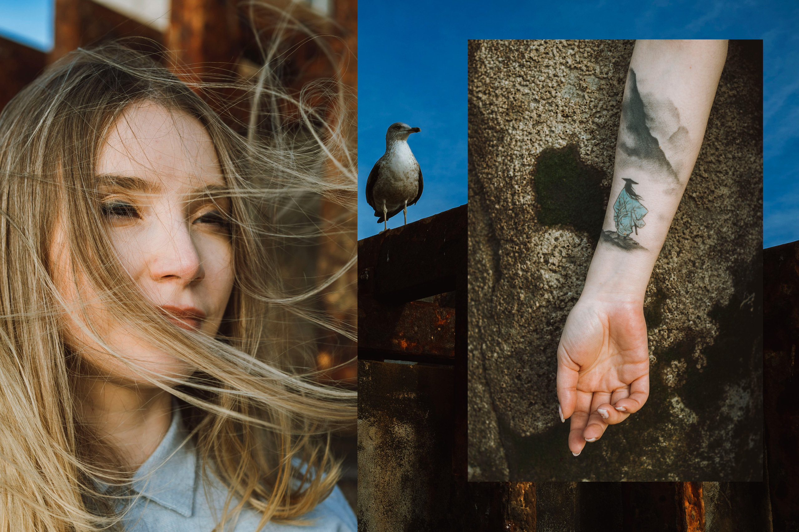 Collage with a front portrait of a young woman combined with a close-up of a hand with a tattoo.
