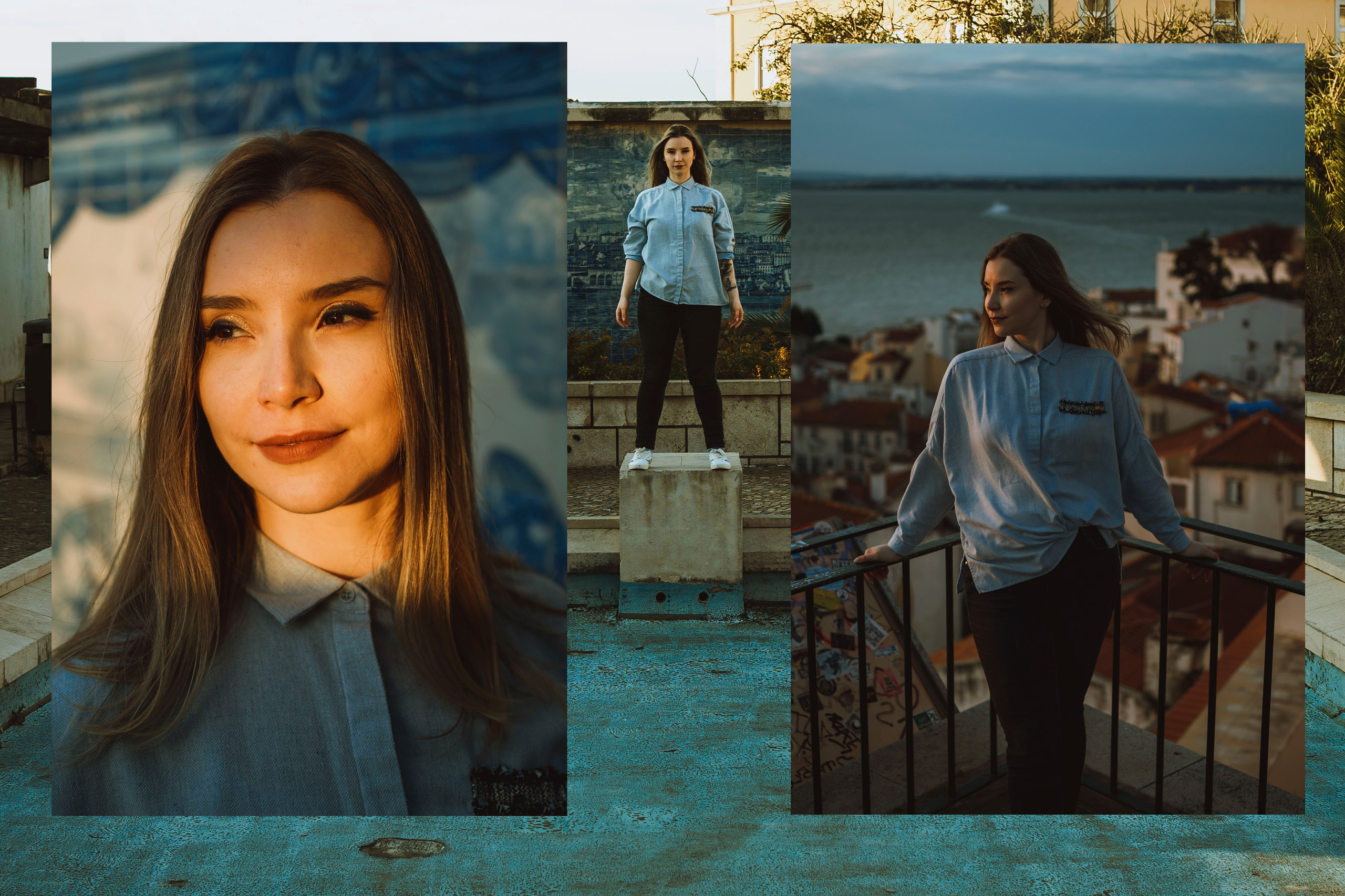 Collage with a front portrait of a young woman. Close-up and full-body portrait. 