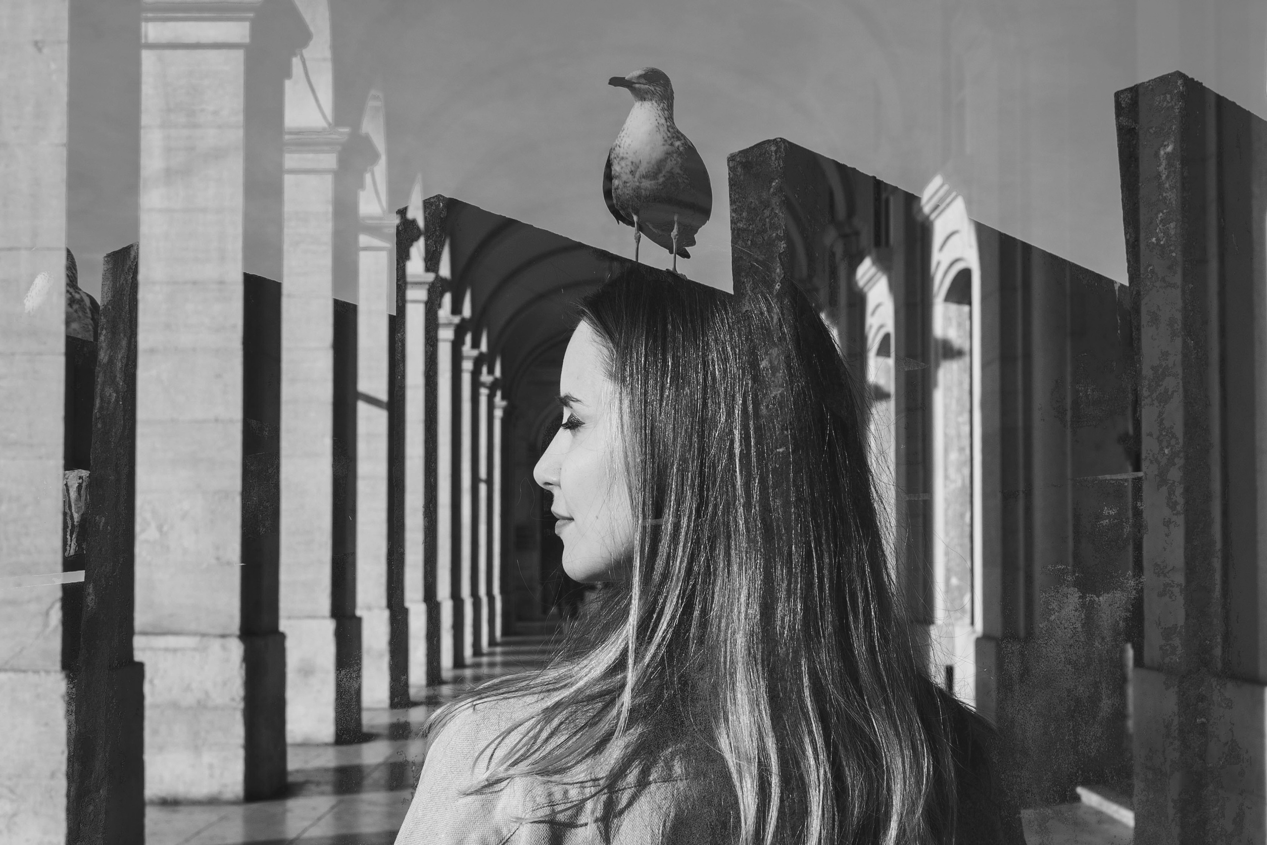 A black and white multi-exposed picture with a profile of a young woman and a seagull