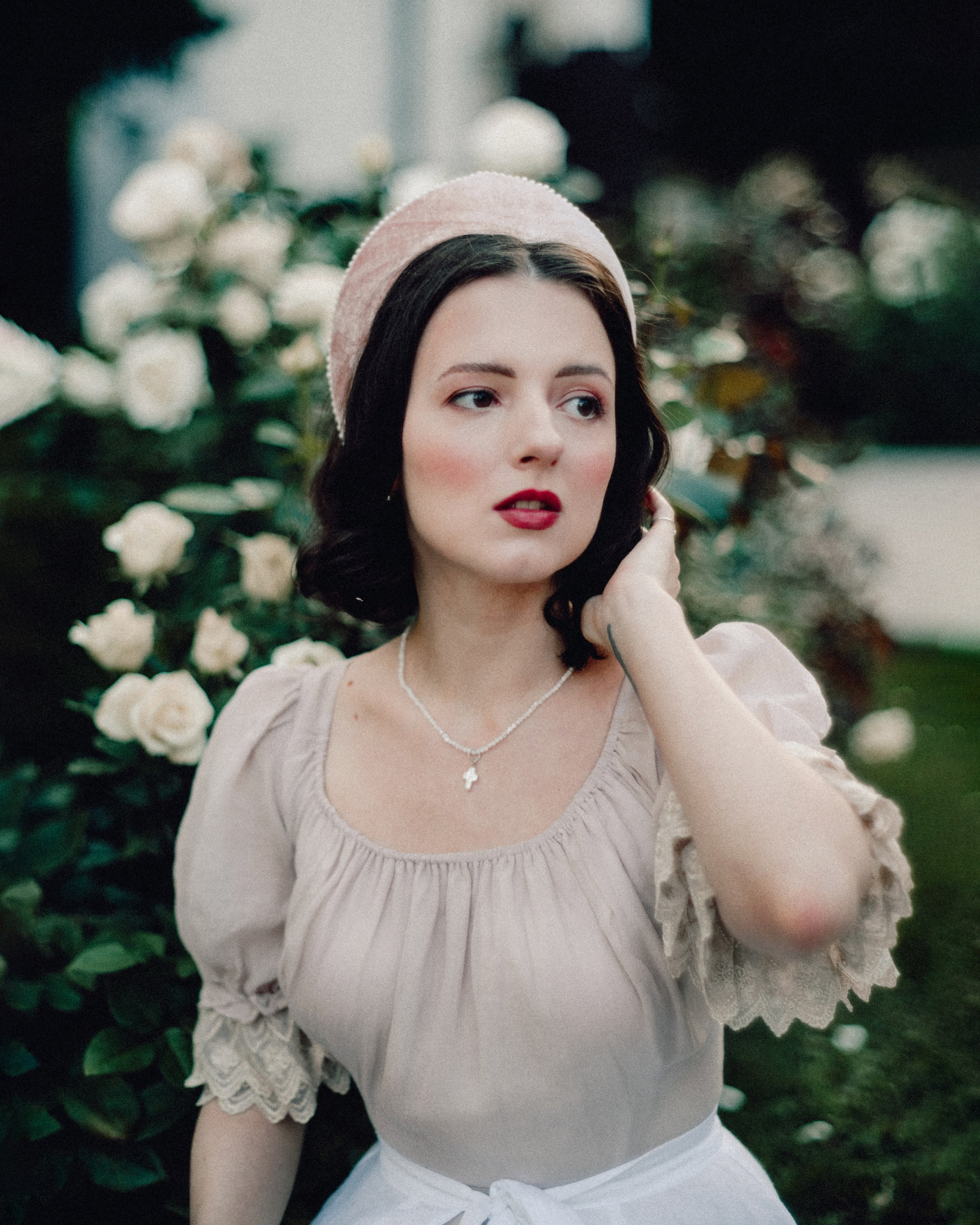 Slavic folklore shoot in traditional headwear and white dress. Moth & Moss Photography
