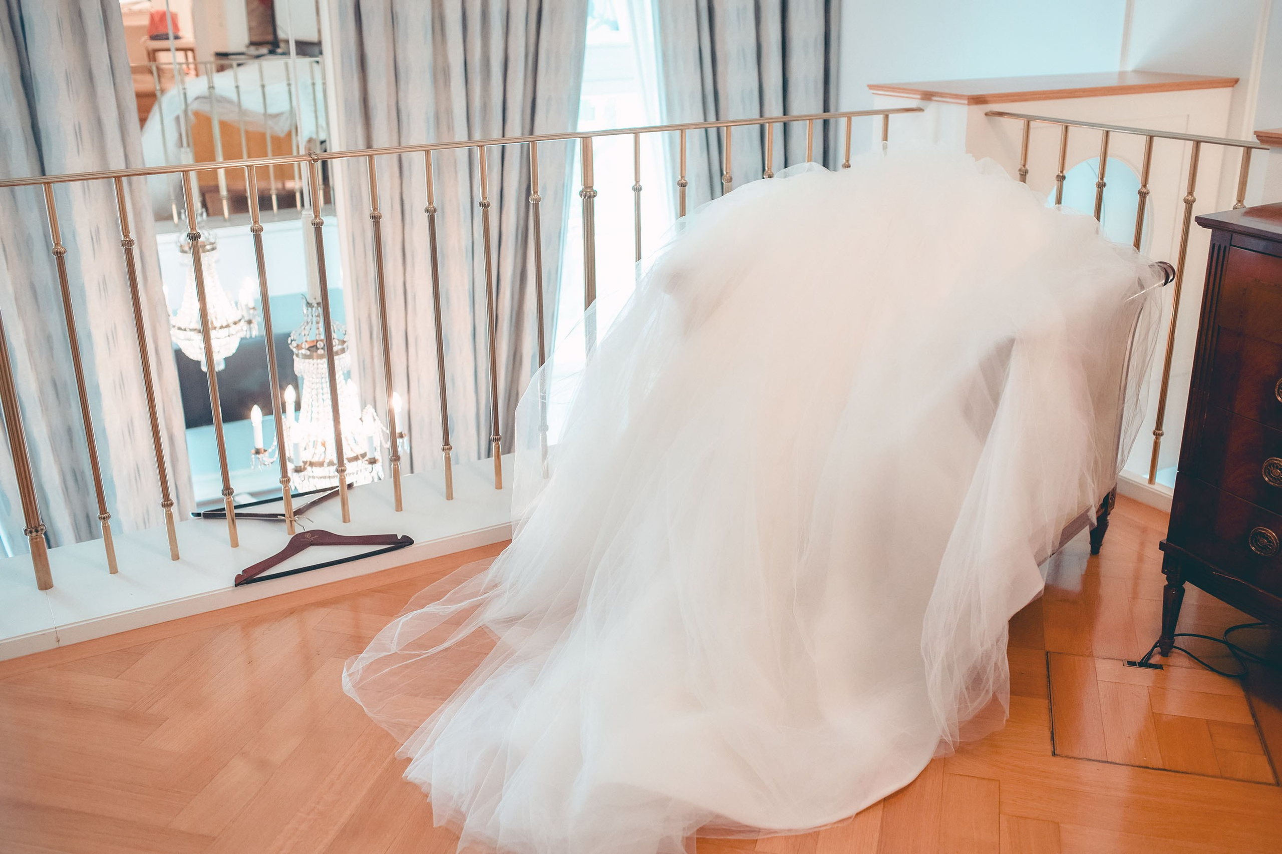 A part of the bride's dress in the upstairs part of their suite.