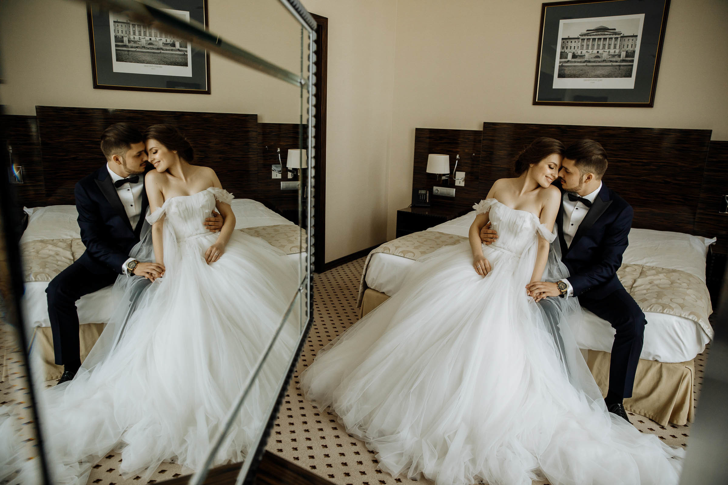Couple’s pre-ceremony candid in mirror by Tanya Bogdan, Bude wedding photographer
