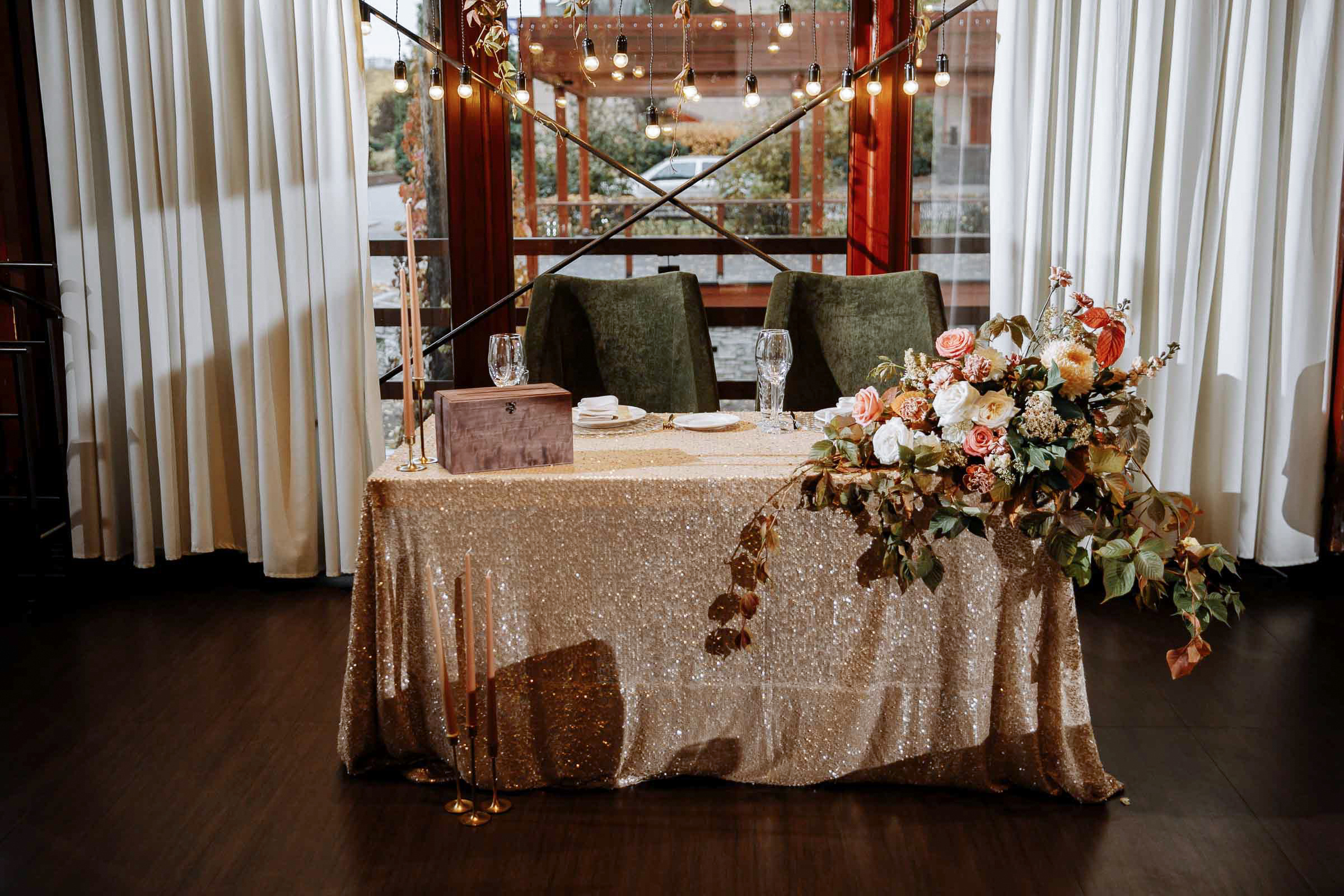 Top table decor in venue, by Tanya Bodgan, Bude wedding photography.  