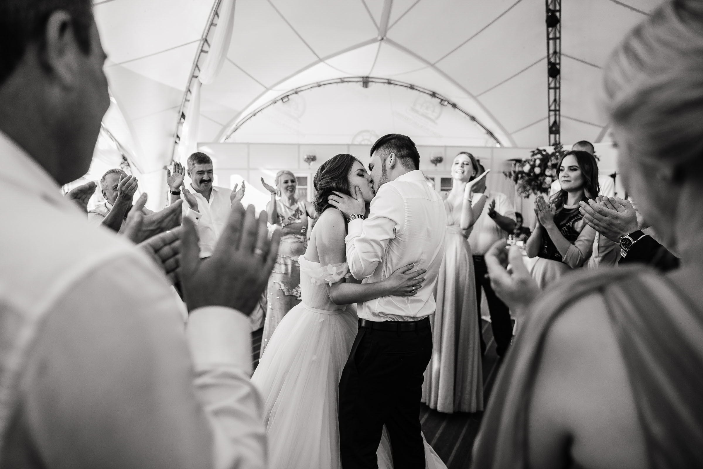 Couple’s first dance in black and white, by Tanya Bogdan, Cornwall wedding photographer.  