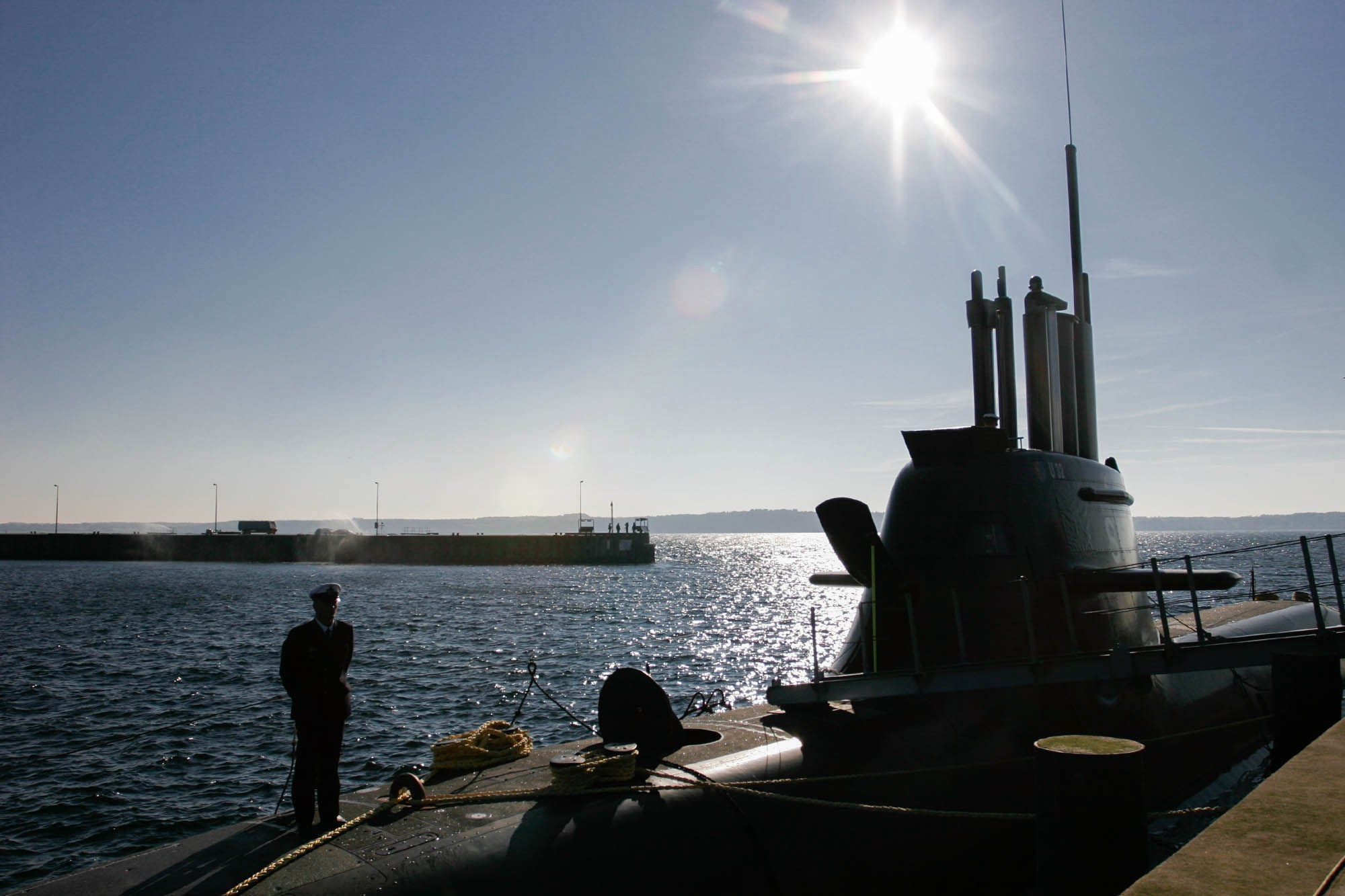 Crew members of the German submarine U32 board after she was officially inaugratedon October 19, 2005 in Eckernfoerde, Germany. The Class 212 A submarines feature the latest in modern warfare technology.