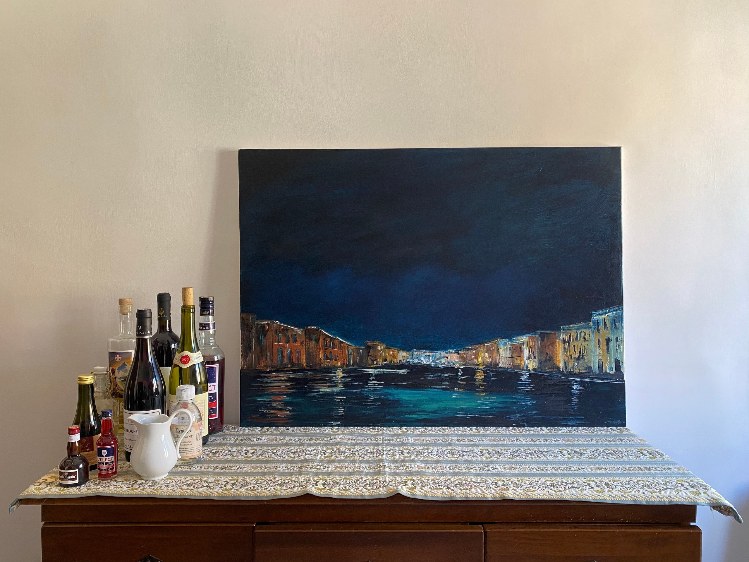 Atmospheric Venice painting in oil and acrylics, depicting a deep blue sky over the night city. Abstract impressionist work by Ekaterina Solopova 