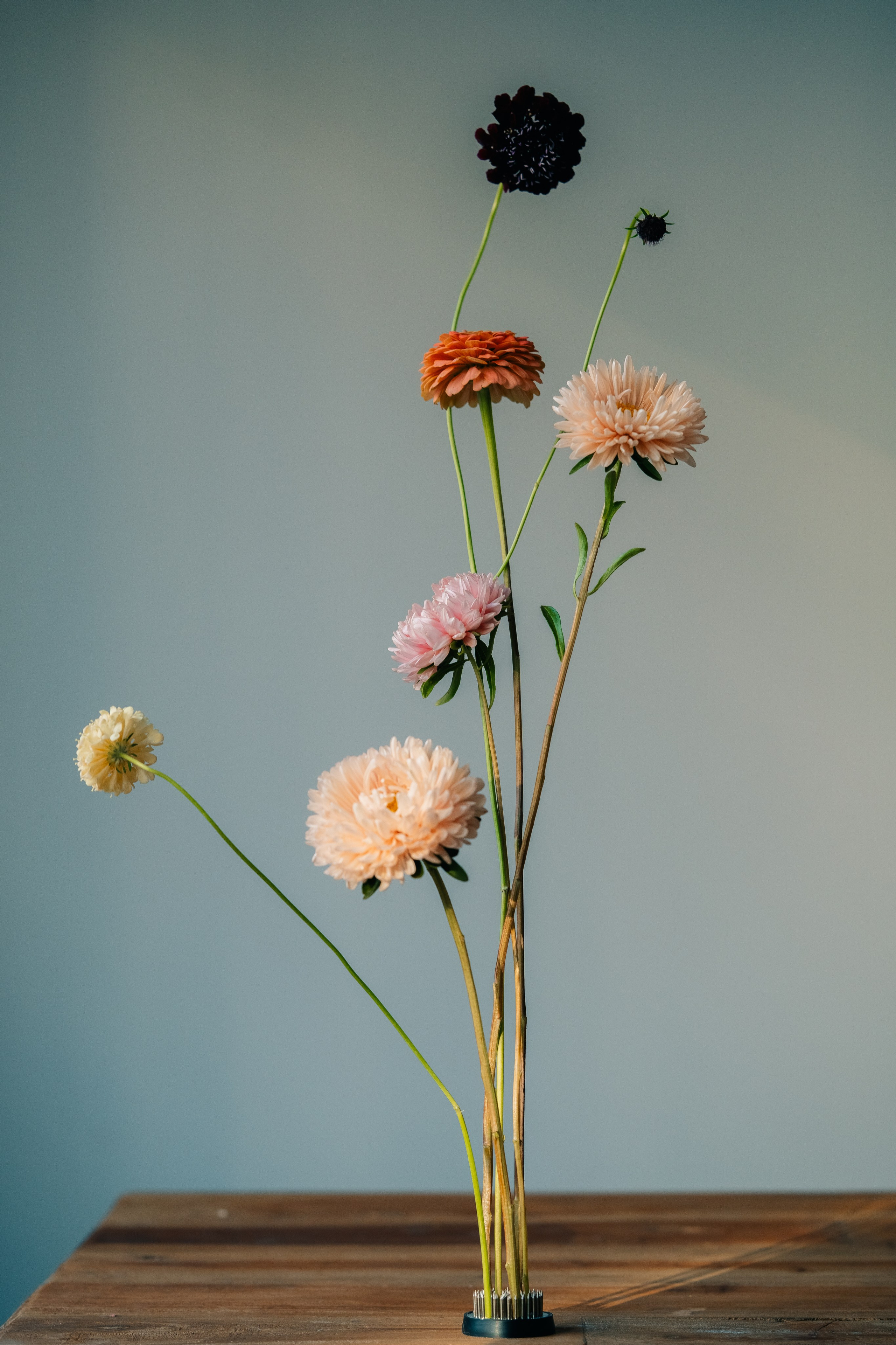 Элегантная цветочная композиция с разнообразными цветами. Элегантная цветочная композиция, состоящая из множества цветов розового, оранжевого и тёмно-фиолетового оттенков. Цветы искусно расположены на длинных стеблях, создавая динамичную композицию на нейтральном фоне. Композиция установлена ​​на деревянной поверхности, что добавляет ей нотку деревенского очарования.