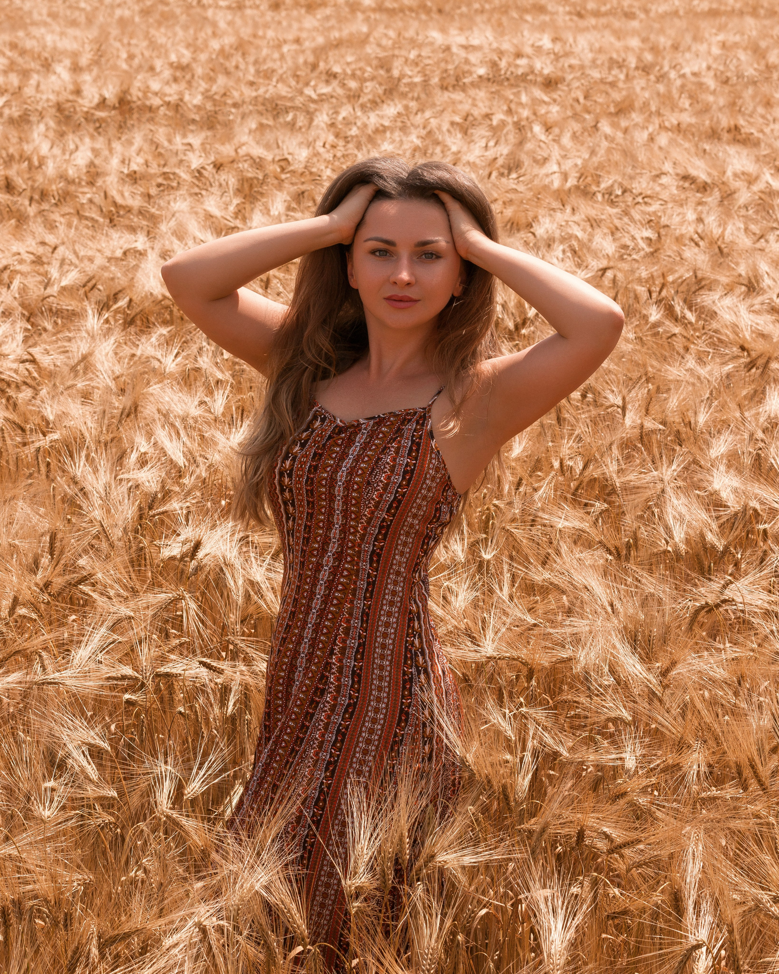 Natürliche Aufnahme einer Frau im braunen Kleid vor goldenem Feld