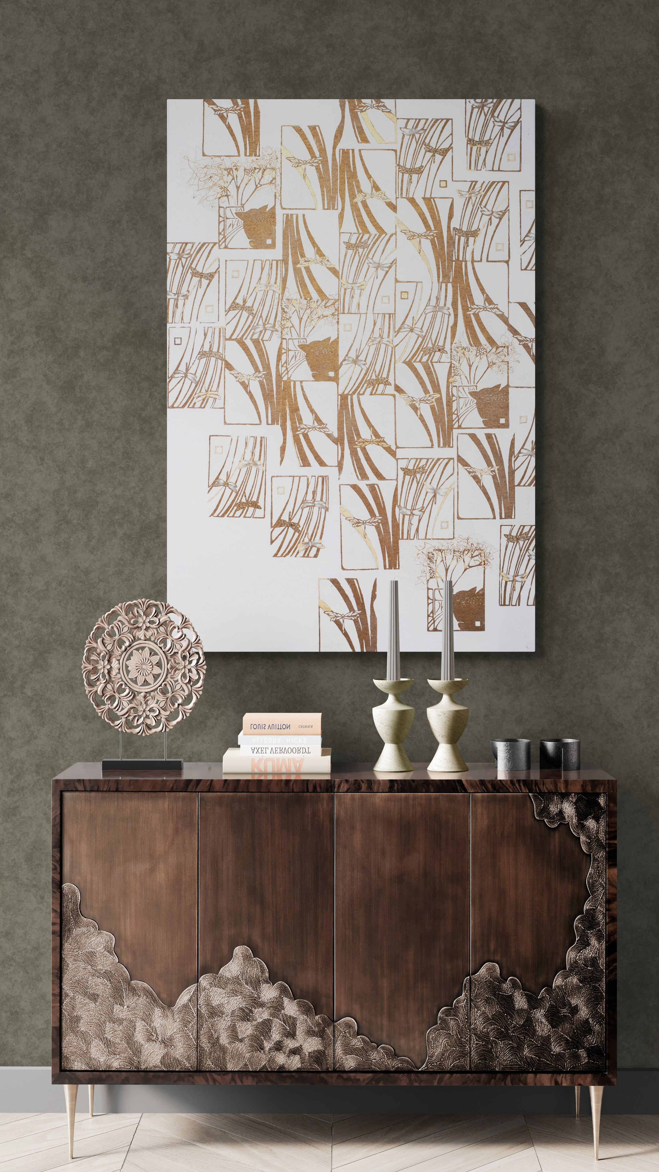 «Gatti e Libellule» Oro/Bianco Tecnica mista, stampa su tela, ricamo su tela, olio su tela, 90×136 cm. Nadia Kuprina. Artist