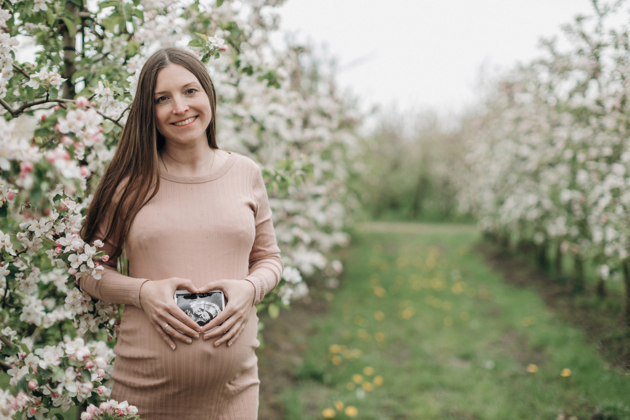 Babybauch-Fotoshooting in den blühenden Apfelplantagen des Alten Landes. Maria Chistyakovа — Fotografin in Karlsruhe, Baden-Baden und Umgebung