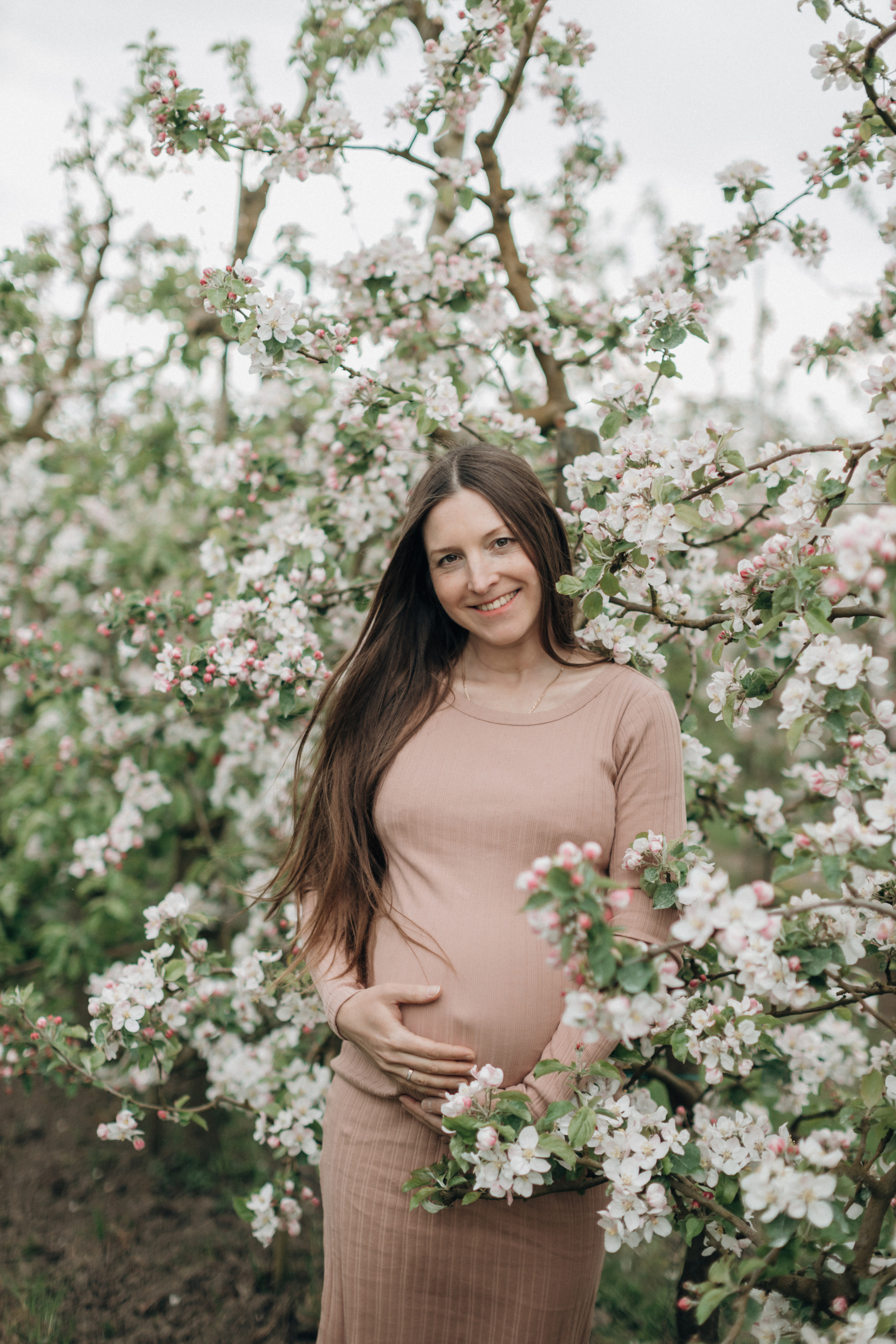 Babybauch-Fotoshooting in den blühenden Apfelplantagen des Alten Landes. Maria Chistyakovа — Fotografin in Karlsruhe, Baden-Baden und Umgebung
