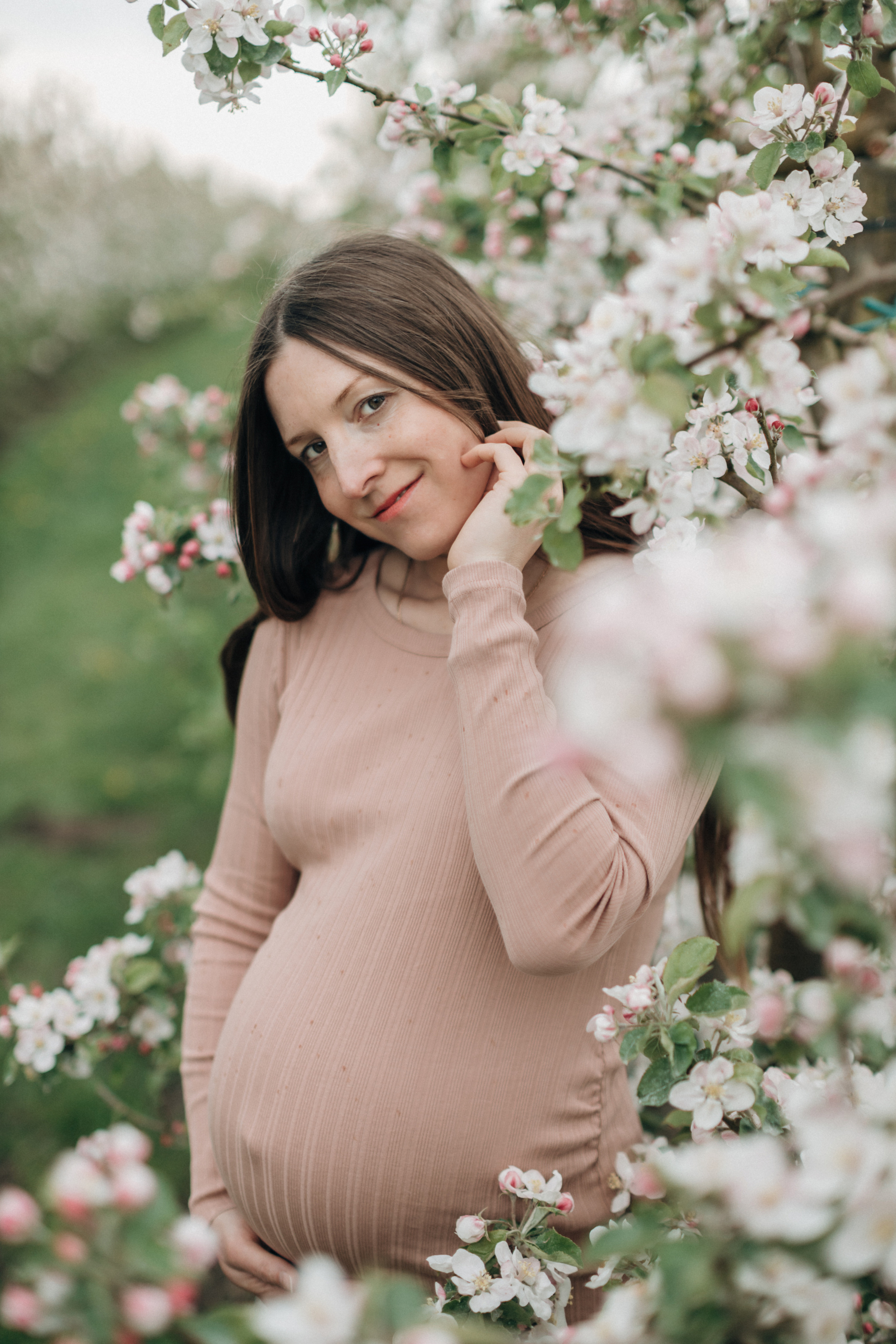 Babybauch-Fotoshooting in den blühenden Apfelplantagen des Alten Landes. Maria Chistyakovа — Fotografin in Karlsruhe, Baden-Baden und Umgebung