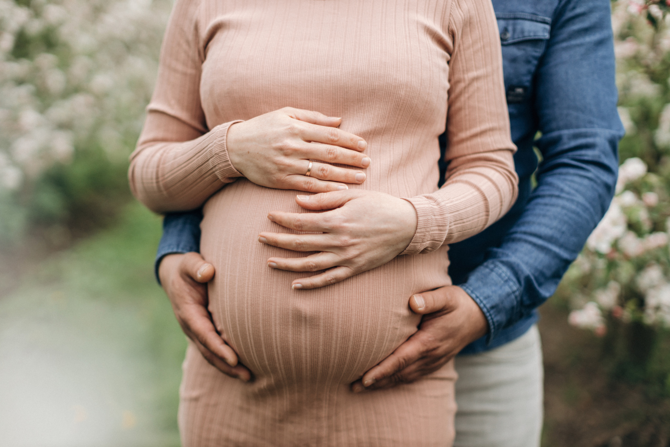 Babybauch-Fotoshooting in den blühenden Apfelplantagen des Alten Landes. Maria Chistyakovа — Fotografin in Karlsruhe, Baden-Baden und Umgebung
