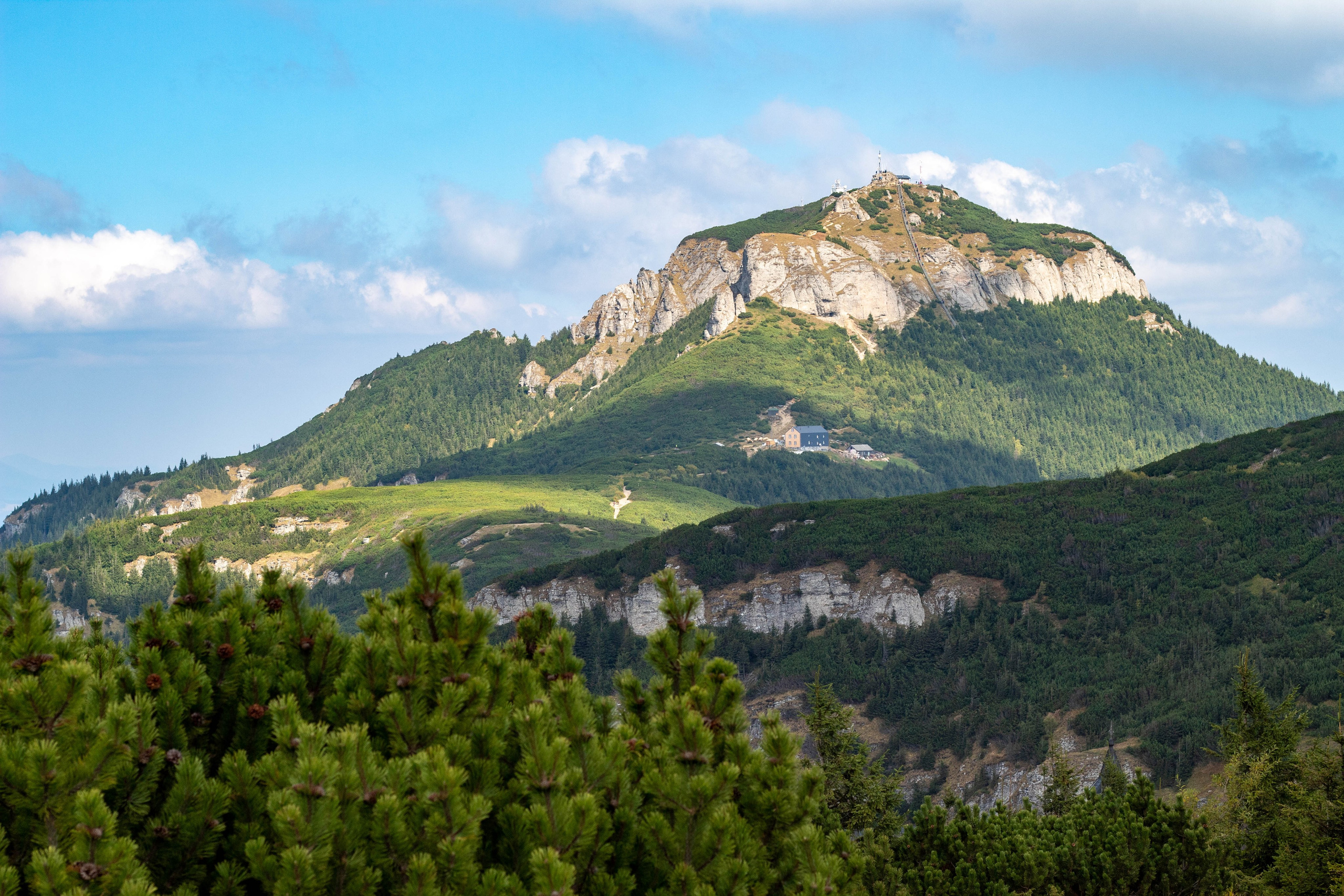 Prominent pointed mountain peak above a dense green forest on a sunny day.