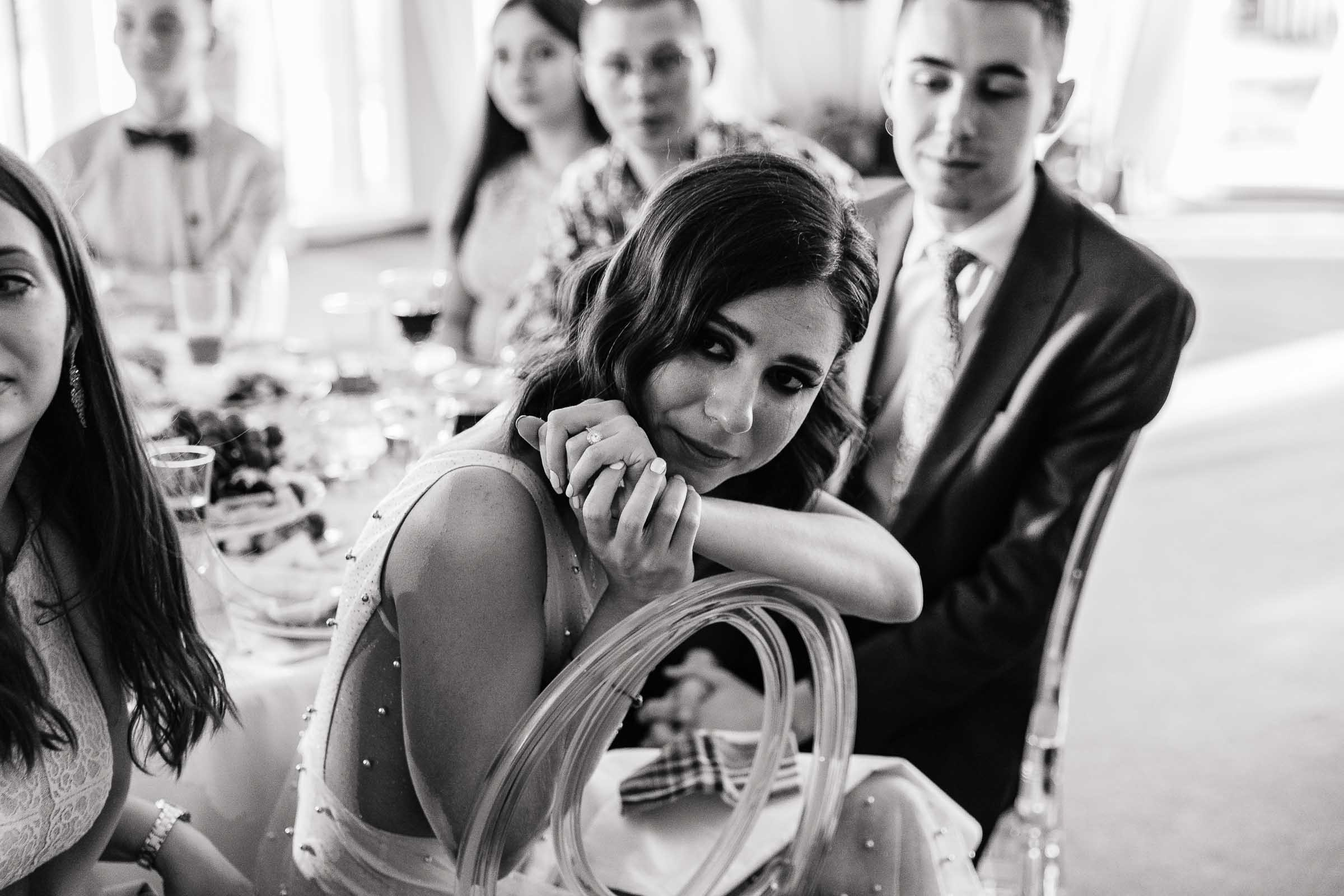 Tearful guest at reception, by Tanya Bodgan, Bude wedding photography.