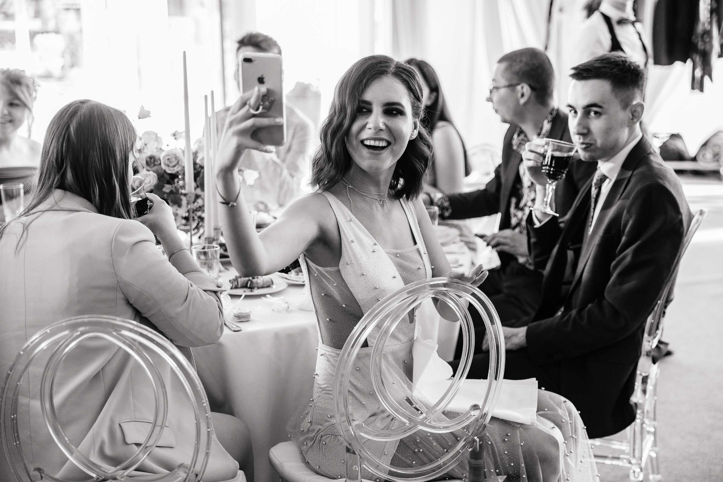 Guest selfie at reception, by Tanya Bodgan, St Ives wedding photography.