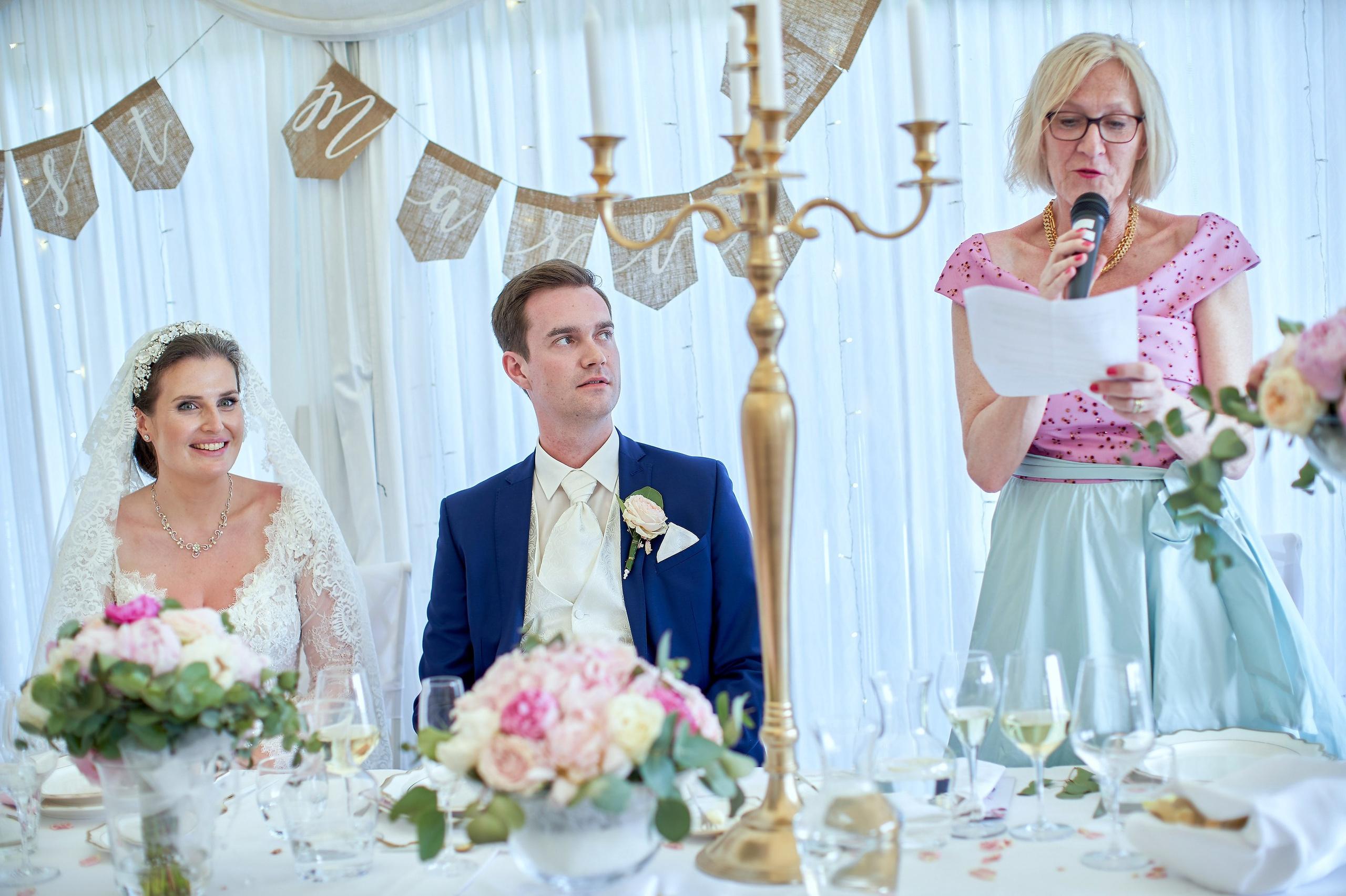 The mother-of-the-groom gives her speech during wedding festivities at the Villa Richter in Prague. 