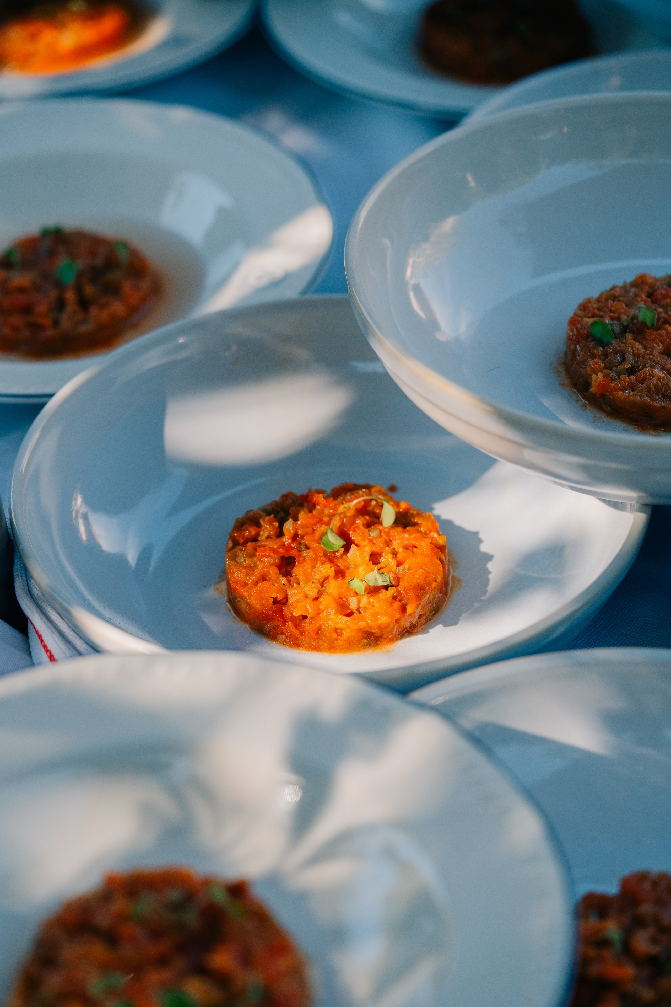 Vários pratos de tártaro de vegetais decorados com microverdes. Uma coleção de pratos brancos, cada um com uma porção de tártaro de vegetais guarnecido com microverdes, iluminados por uma luz natural suave num ambiente ao ar livre.