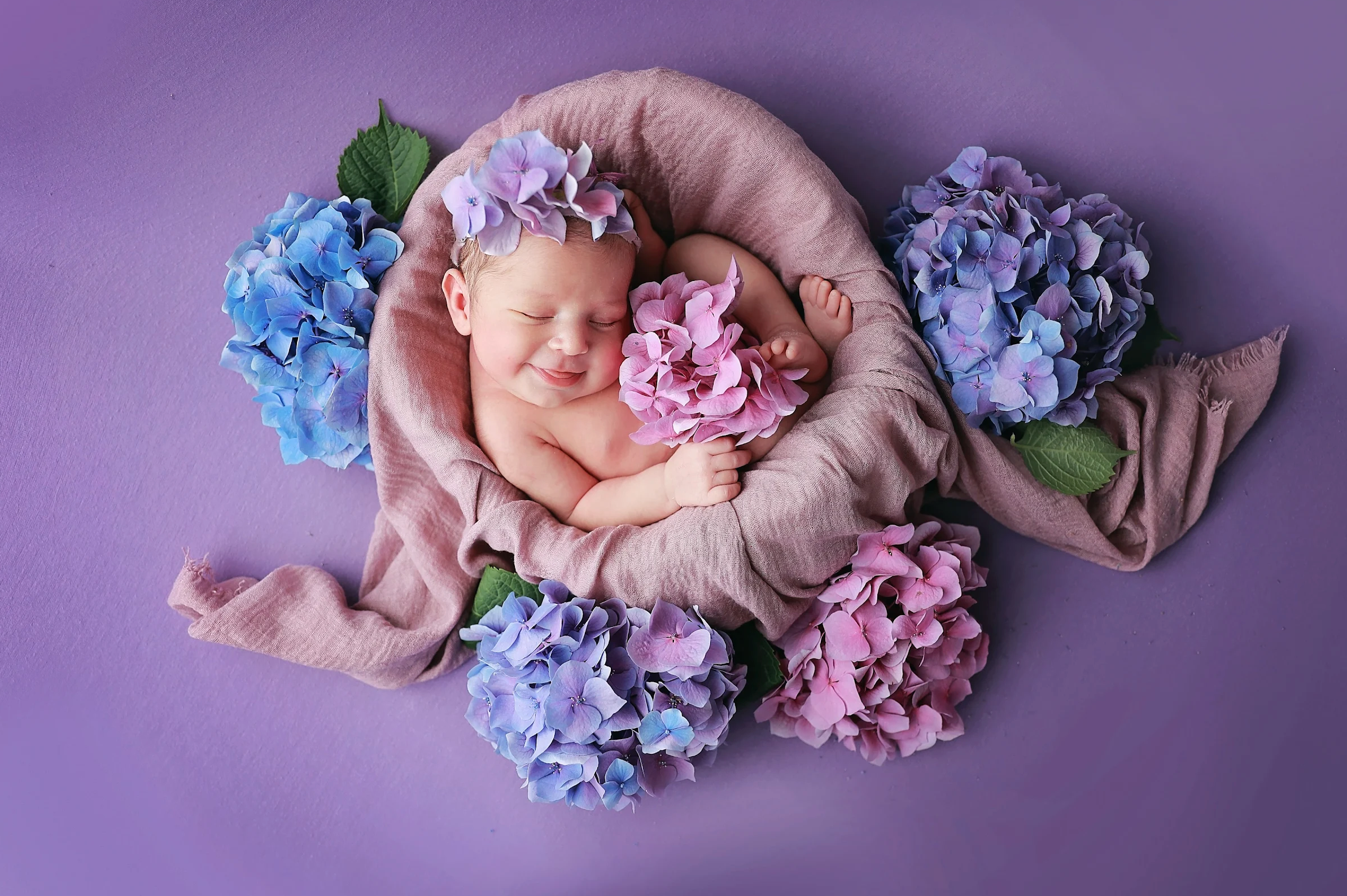 Smiling newborn baby surrounded by purple flowers