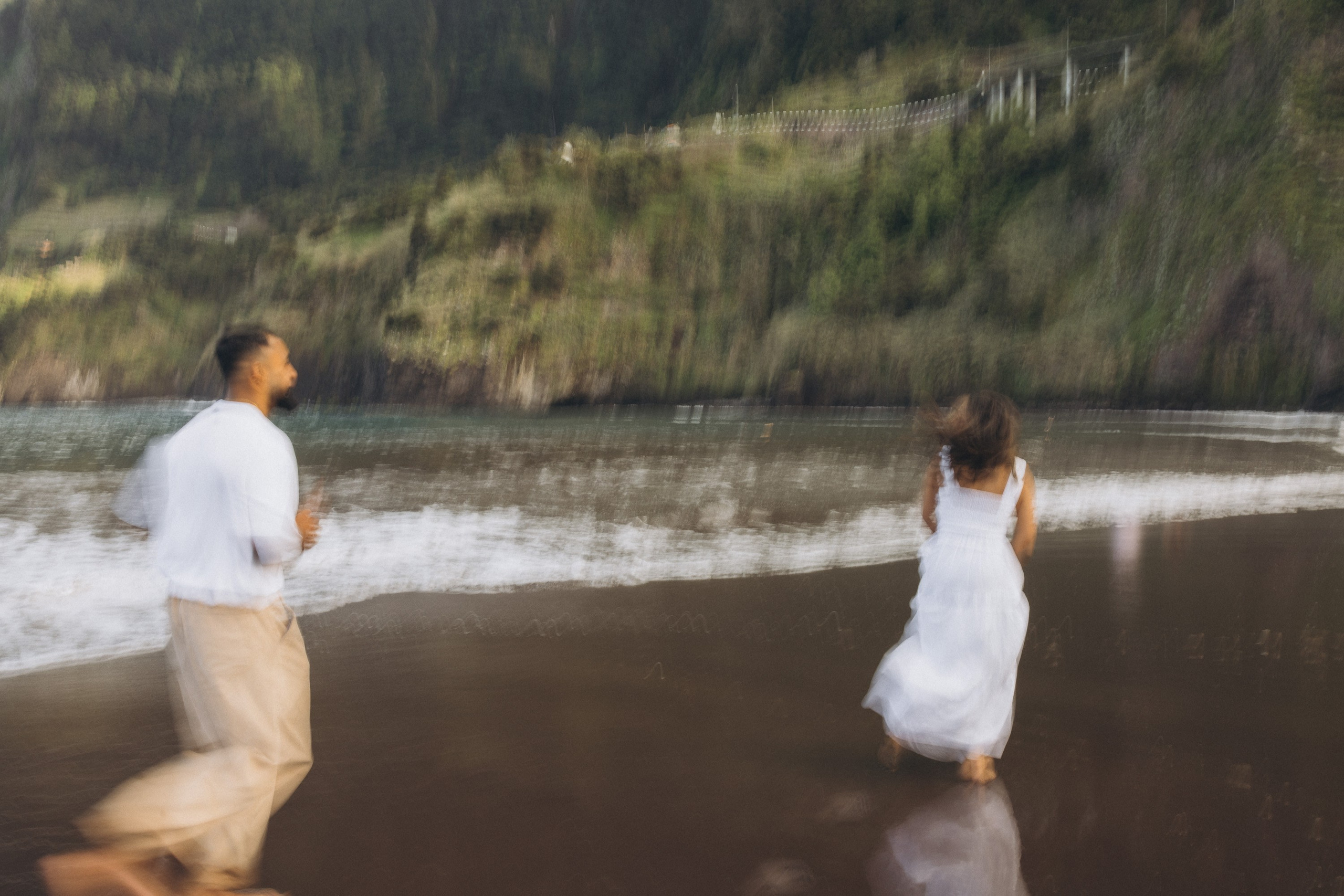 Proposal at Seixal Beach, Madeira – romantic engagement by the ocean, capturing intimate moments on the black sand shore