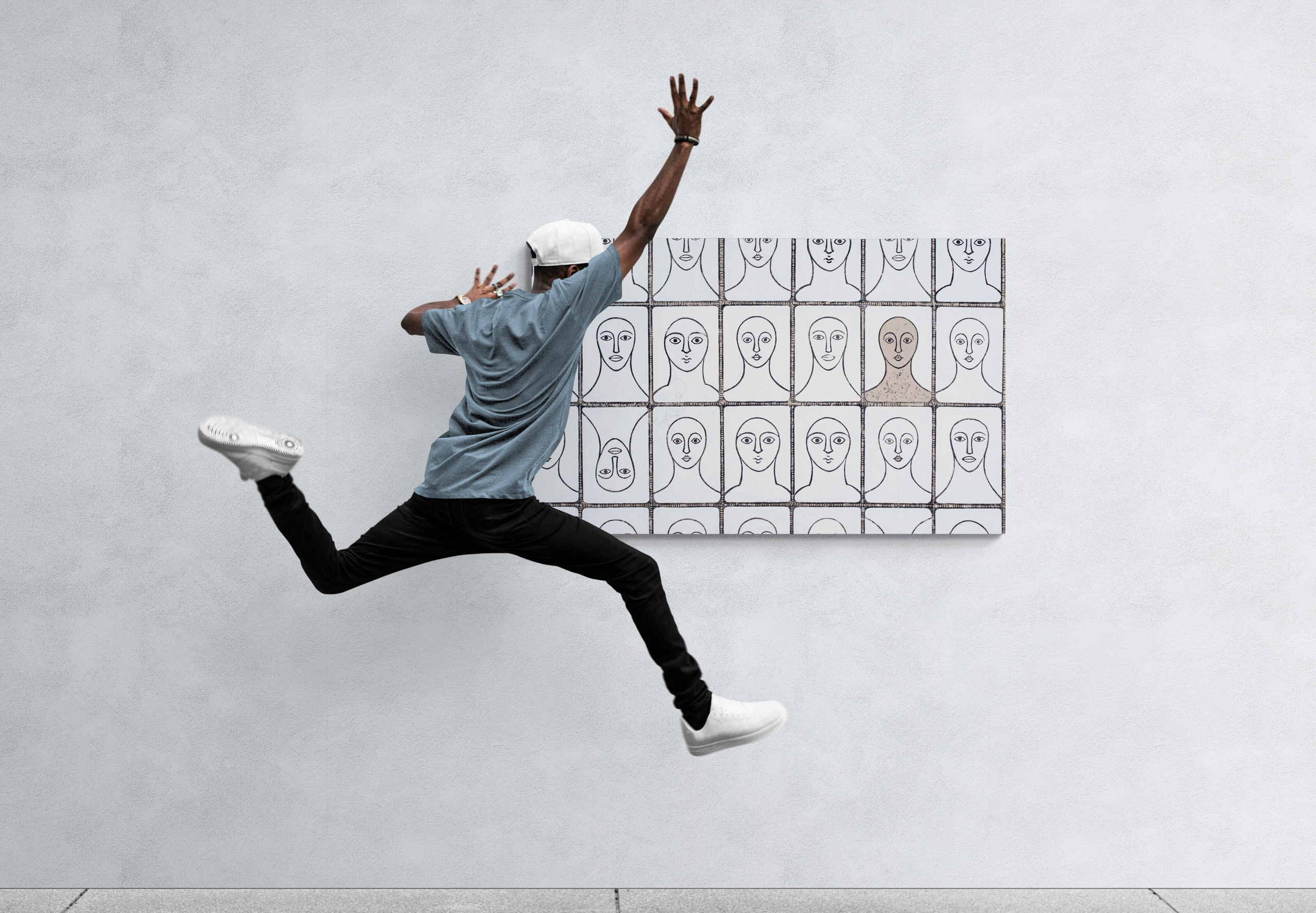 «Volti» Tecnica mista. Stampa su tela, ricamo su tela, olio su tela 90×144 cm. Nadia Kuprina. Artist