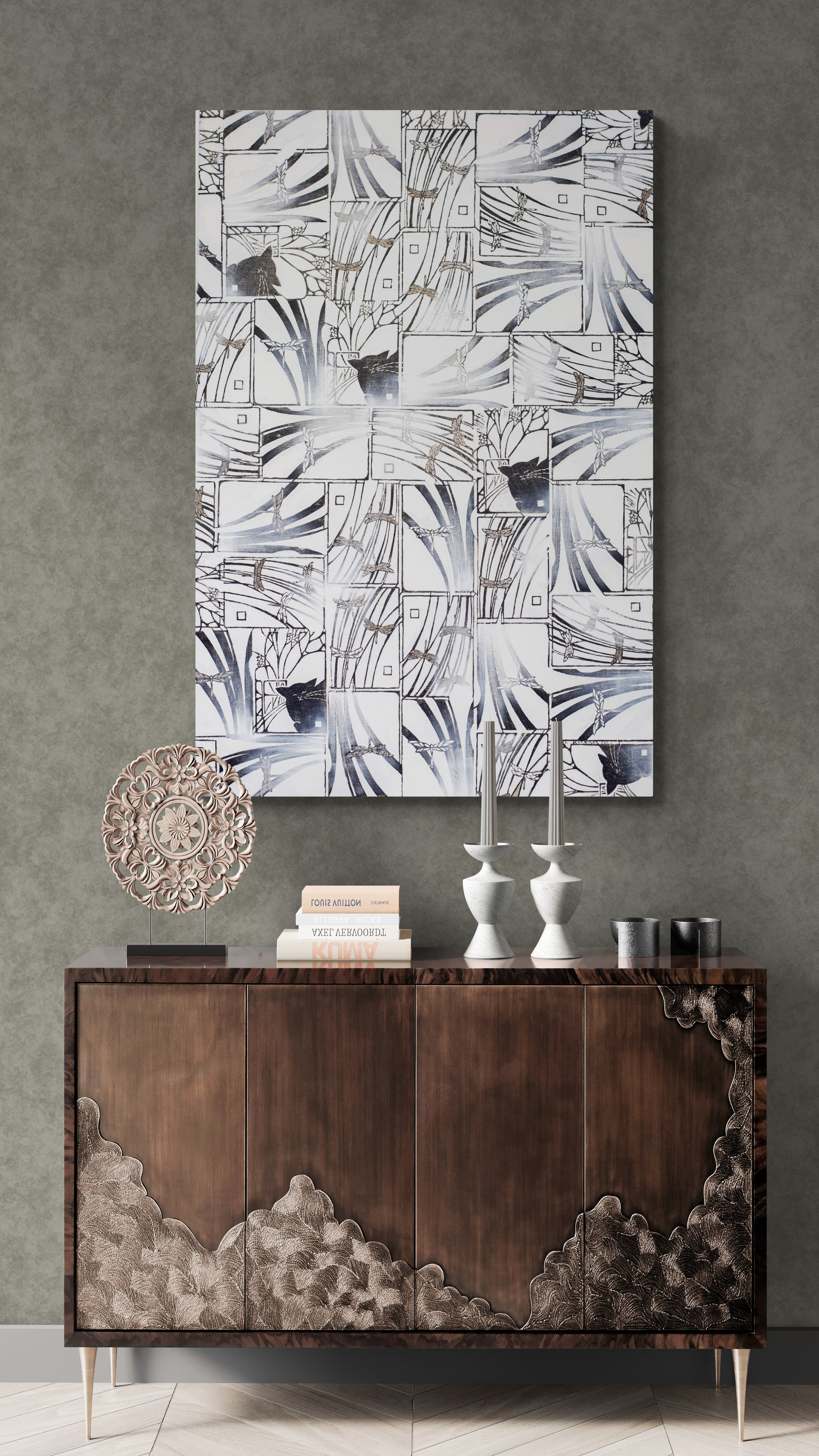 «Gatti e Libellule» Bianco/Nero. Tecnica mista. Stampa su tela, ricamo su tela, olio su tela 90×135 cm. Nadia Kuprina. Artist