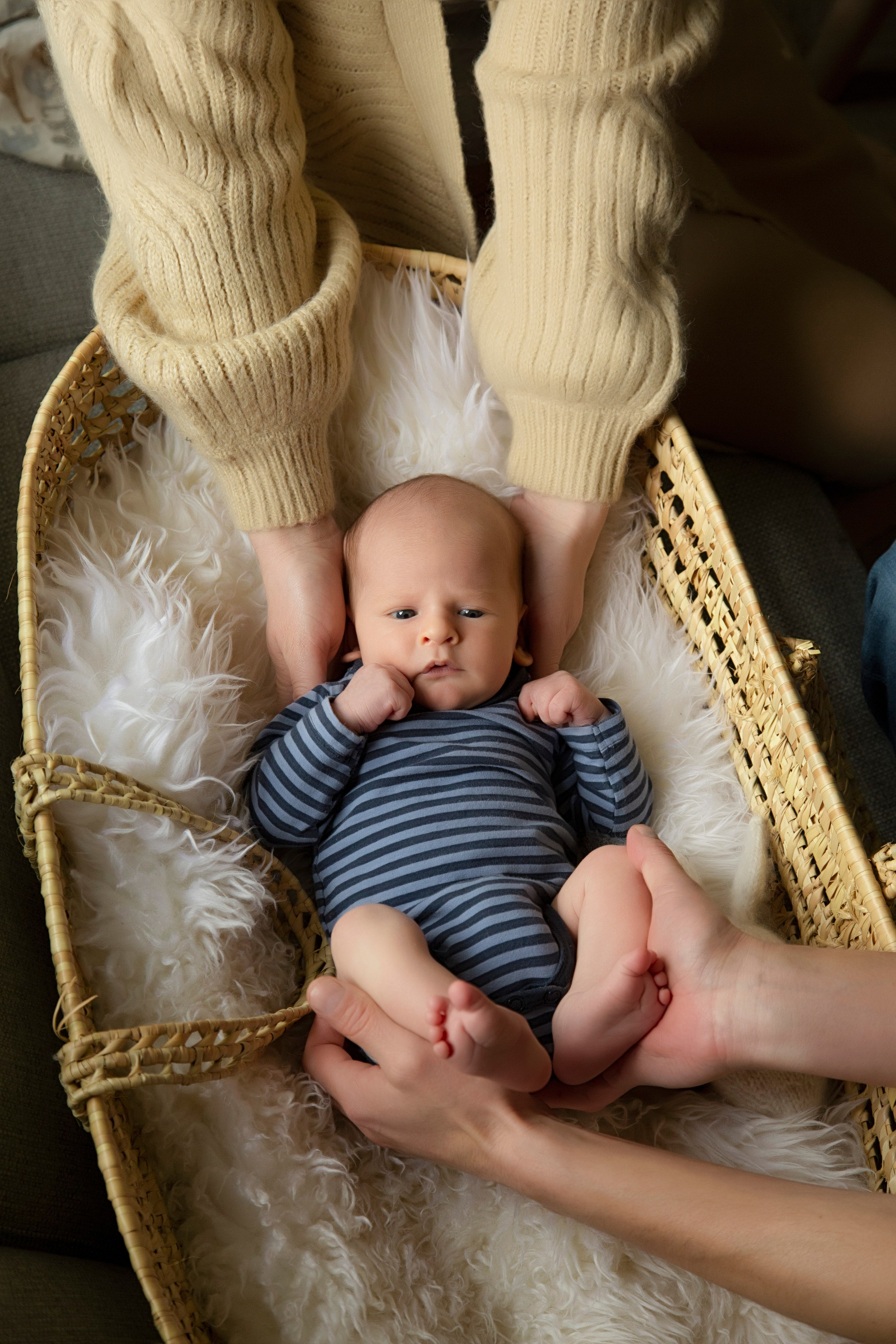 Newborn baby resting in a basket between parents, who are gently holding her, surrounded by love