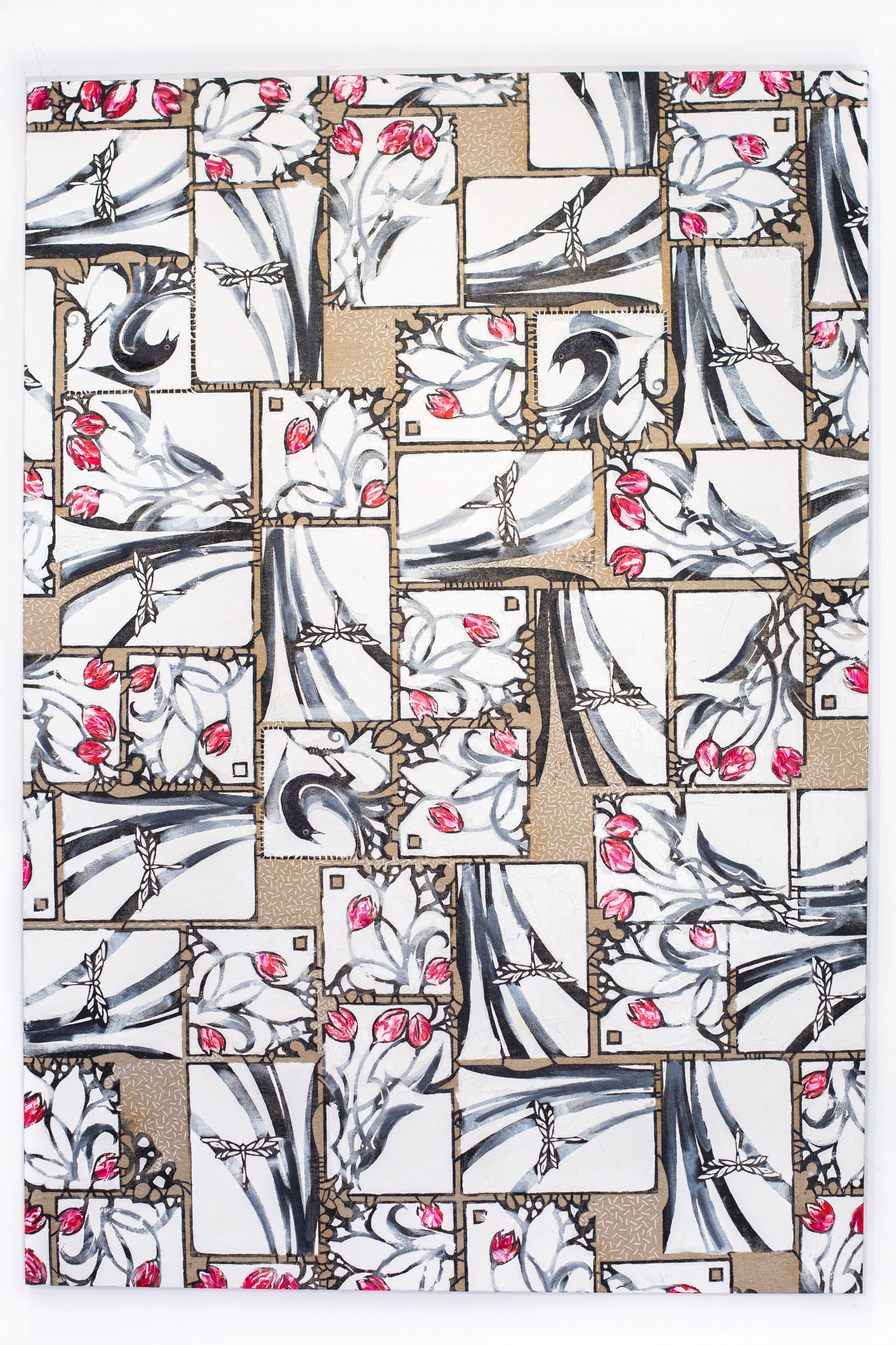 «Merli e Tulipani» Tecnica mista. Stampa su tela, ricamo su tela, olio su tela 90×130 cm. Nadia Kuprina. Artist