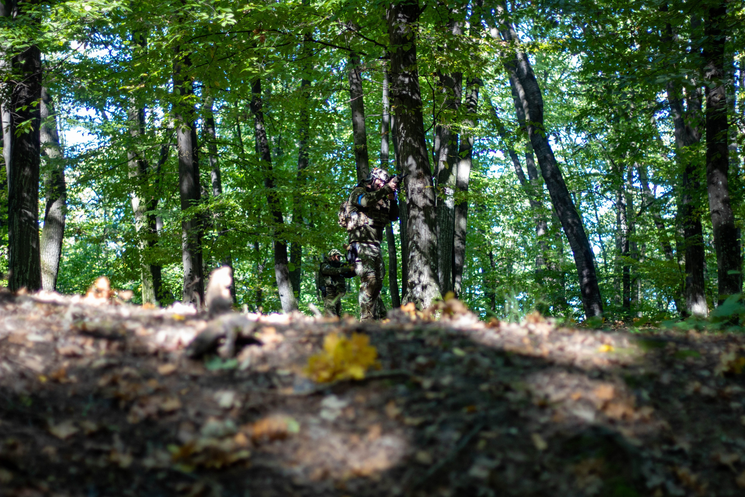 Camouflaged airsoft player crouching on a rocky surface in a sunlit forest.