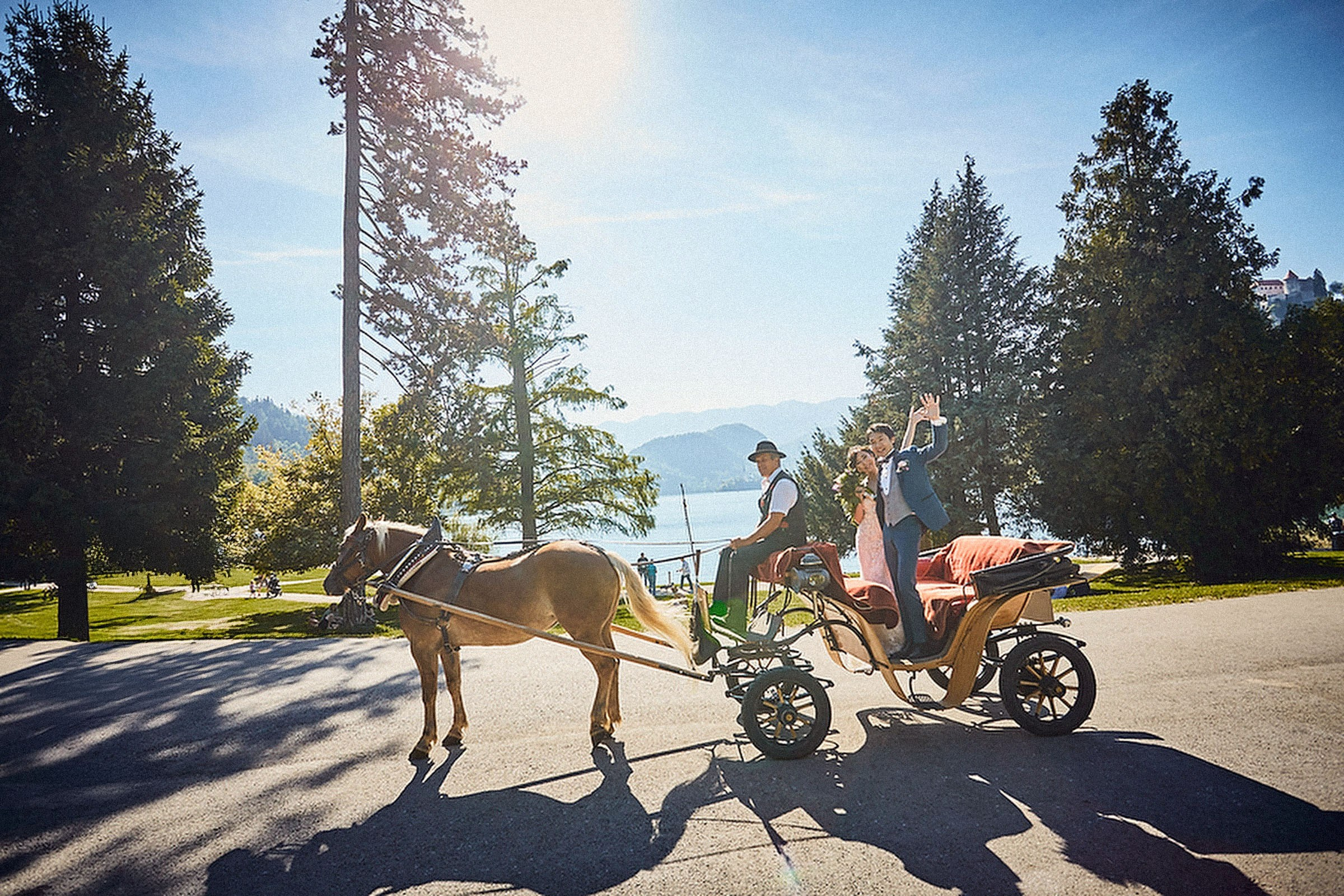 A horse and carriage with newlyweds prepare to ride off near a lake.