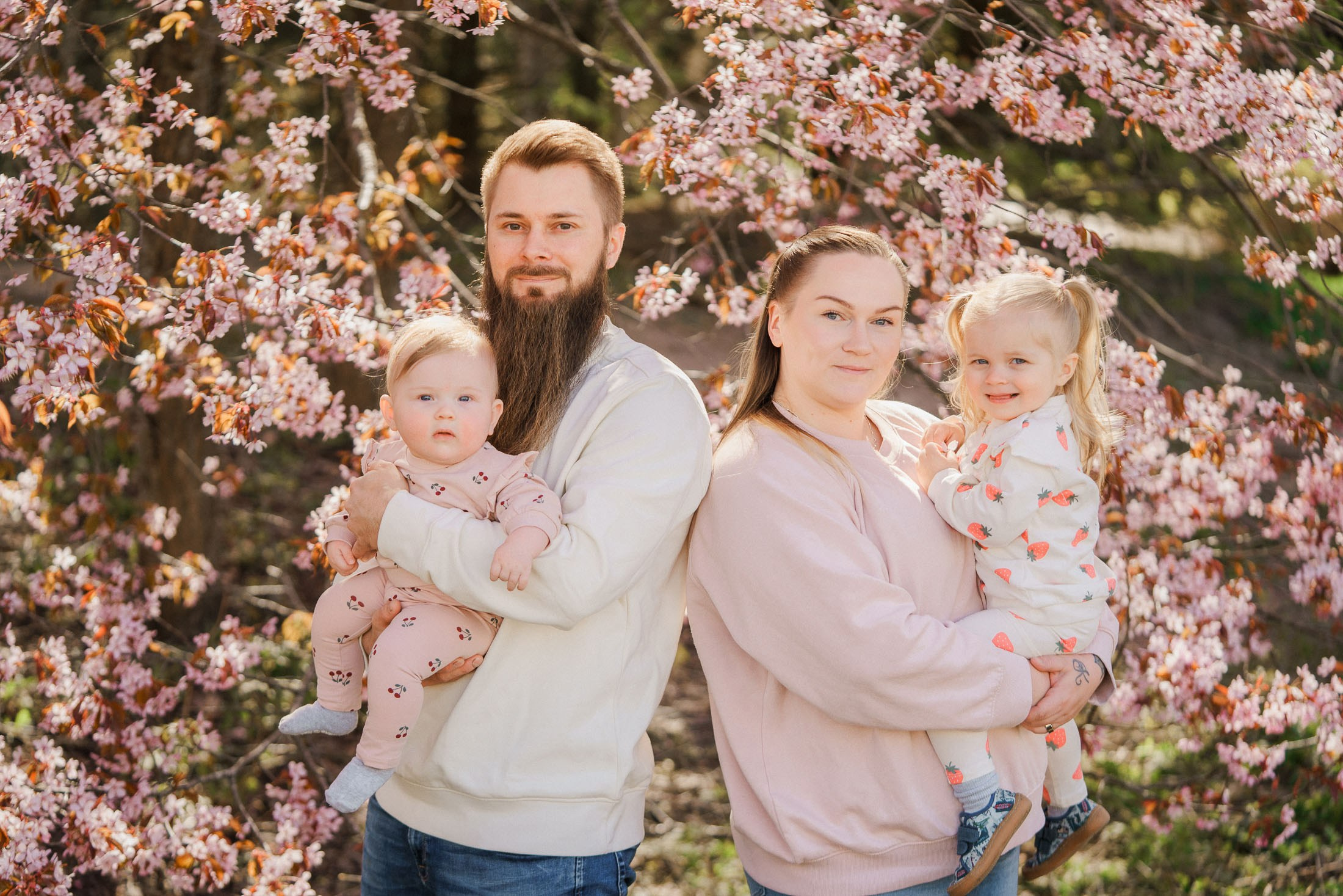 Perhekuvaus kirsikkapuistossa Helsingissä