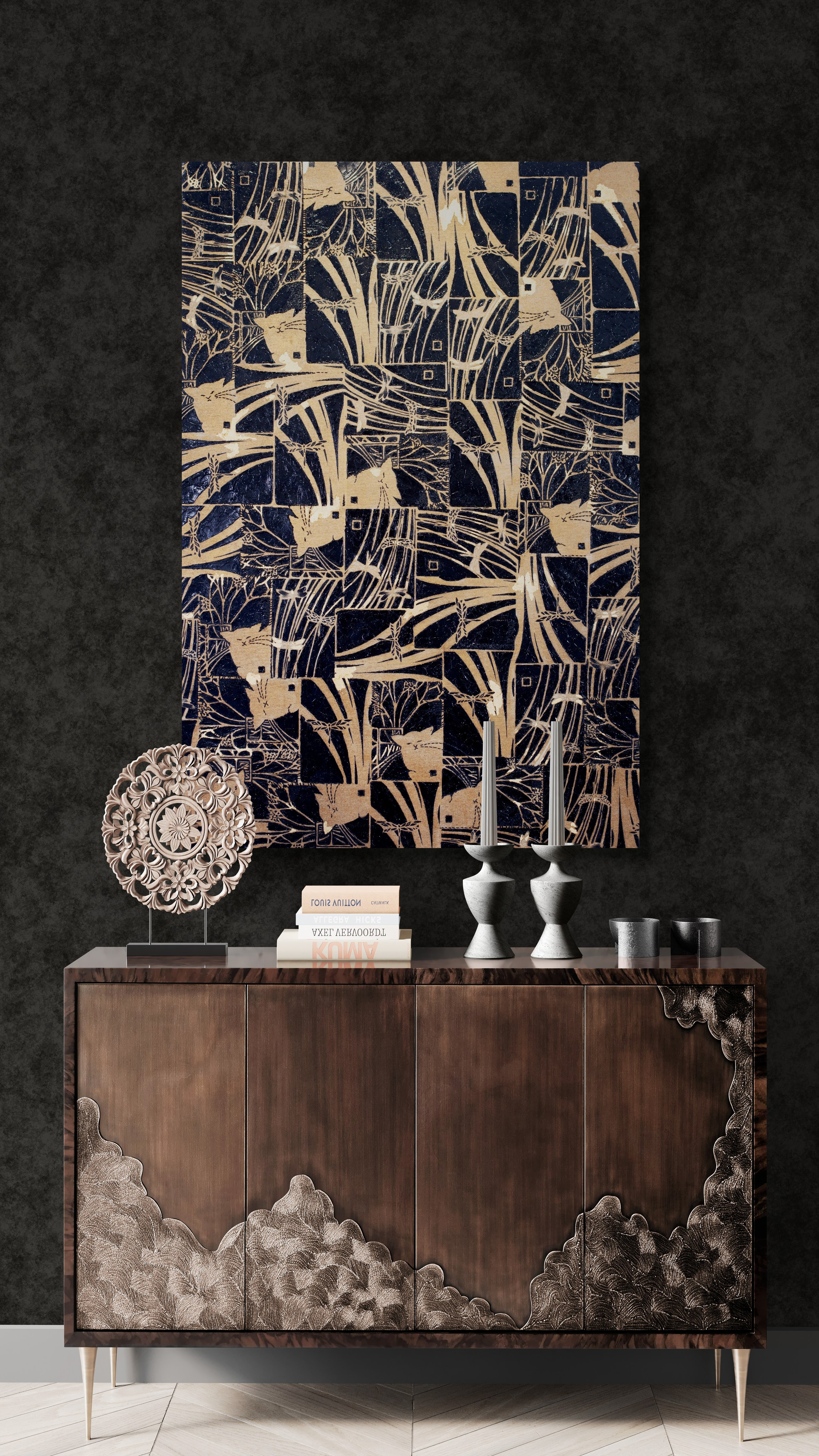 Gatti e Libellule» Oro/Nero. Tecnica Mista. Stampa su tela, ricamo su tela, olio su tela 90×136 cm. Nadia Kuprina. Artist