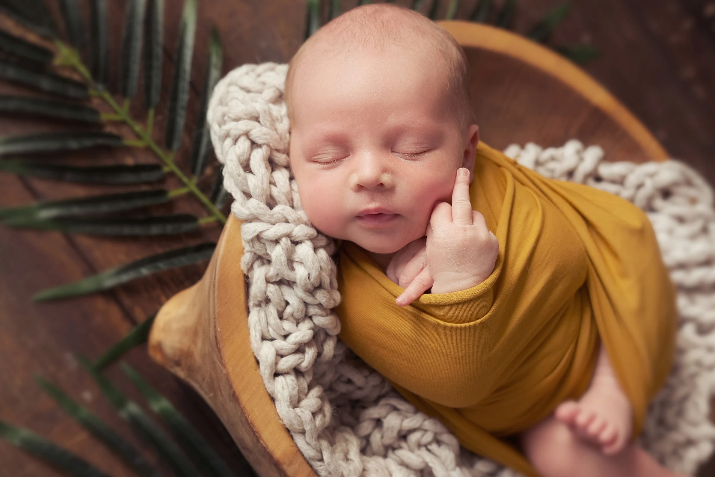 Newborn baby boy swaddled in cocoon, sleeping in wooden bowl