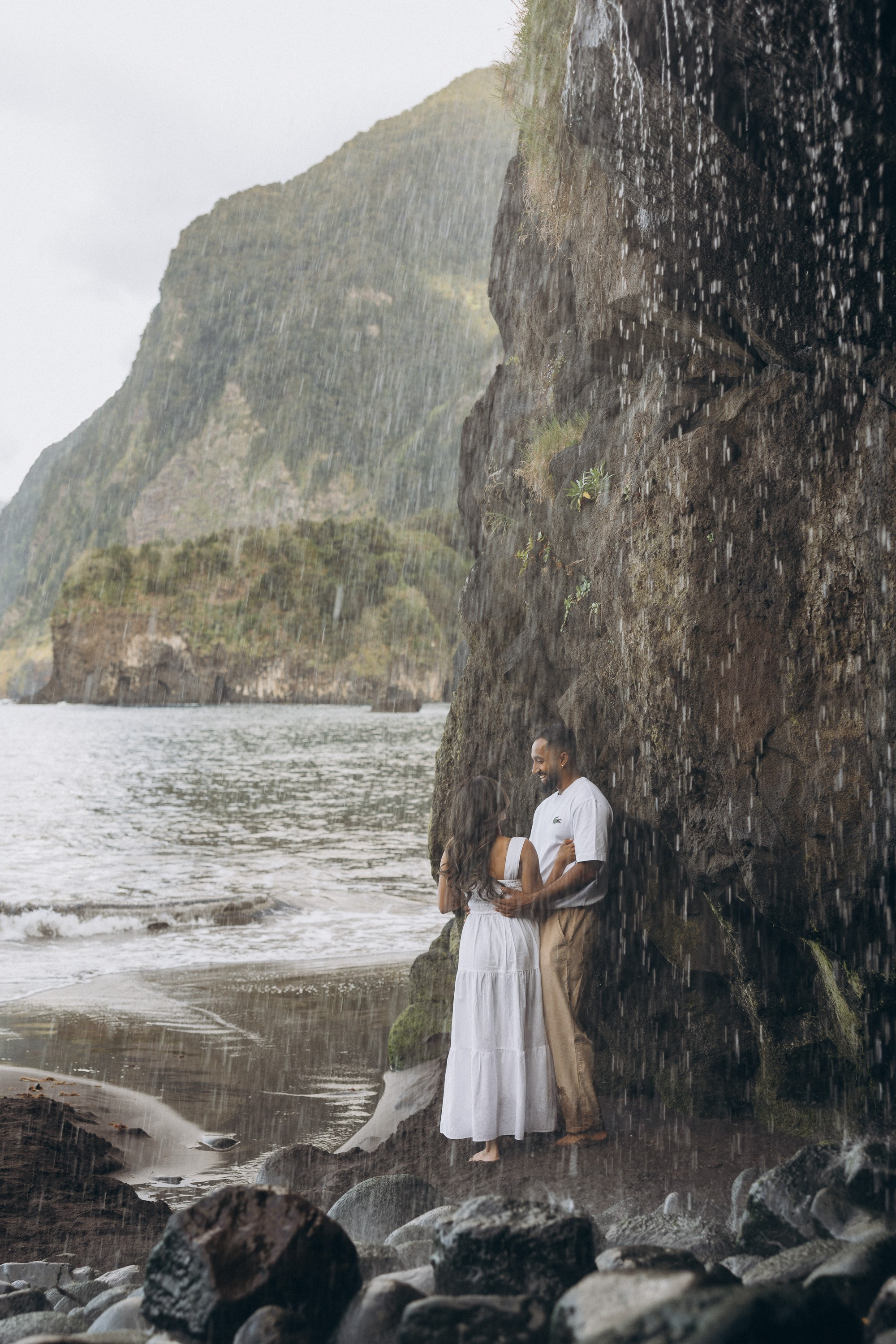 Proposal at Seixal Beach, Madeira – romantic engagement by the ocean, capturing intimate moments on the black sand shore