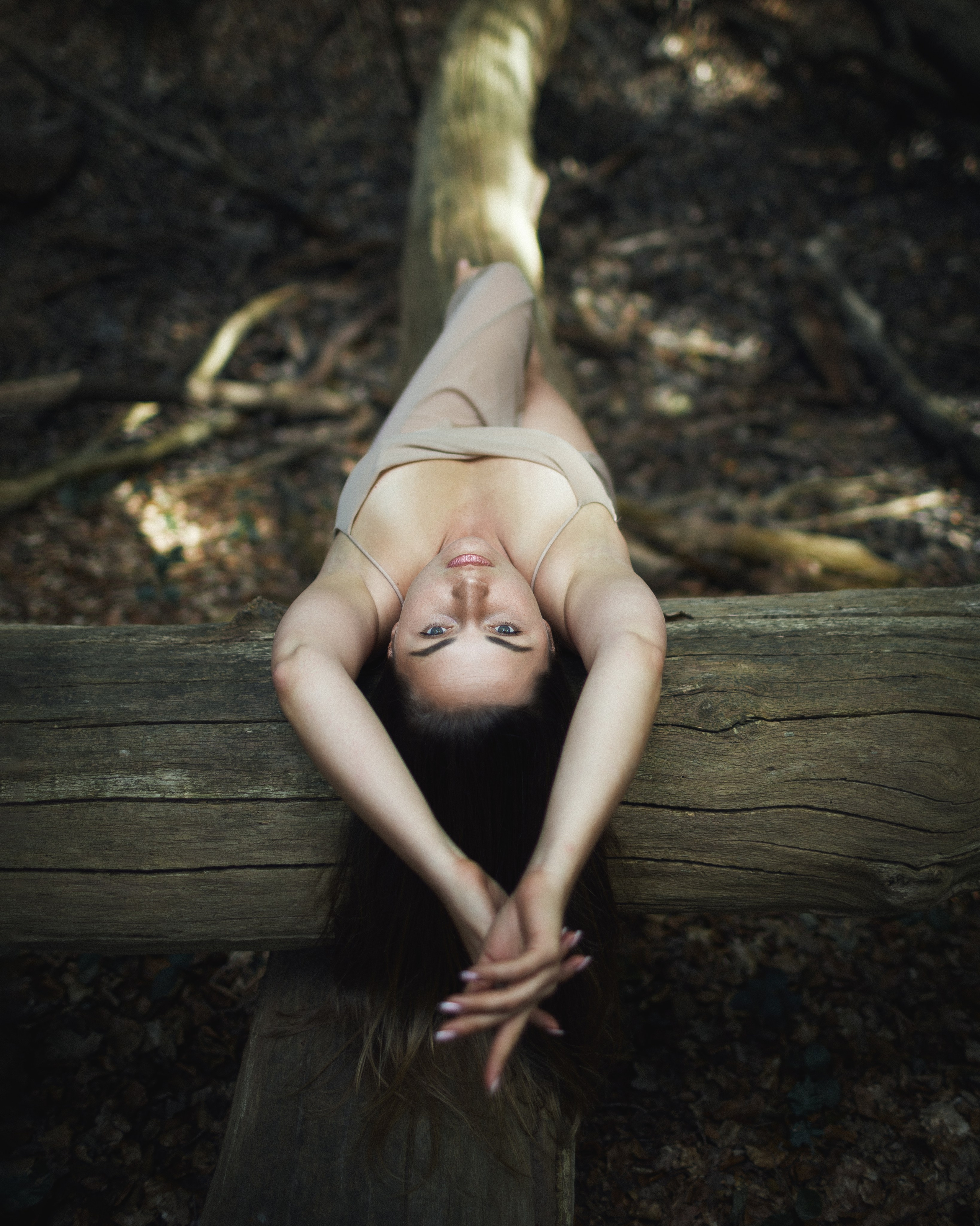 Stilles Portrait von Anastasia auf einem Baum – authentische Fotografie