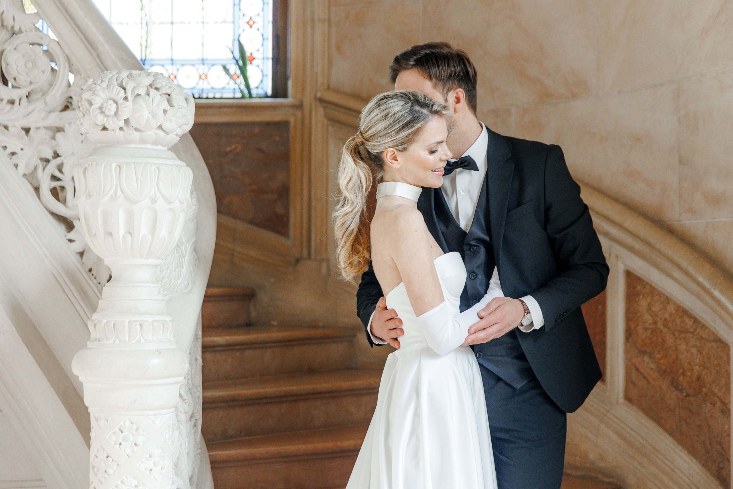 Classic wedding portrait of the bride and groom, emphasizing timeless elegance on their wedding day in France. 