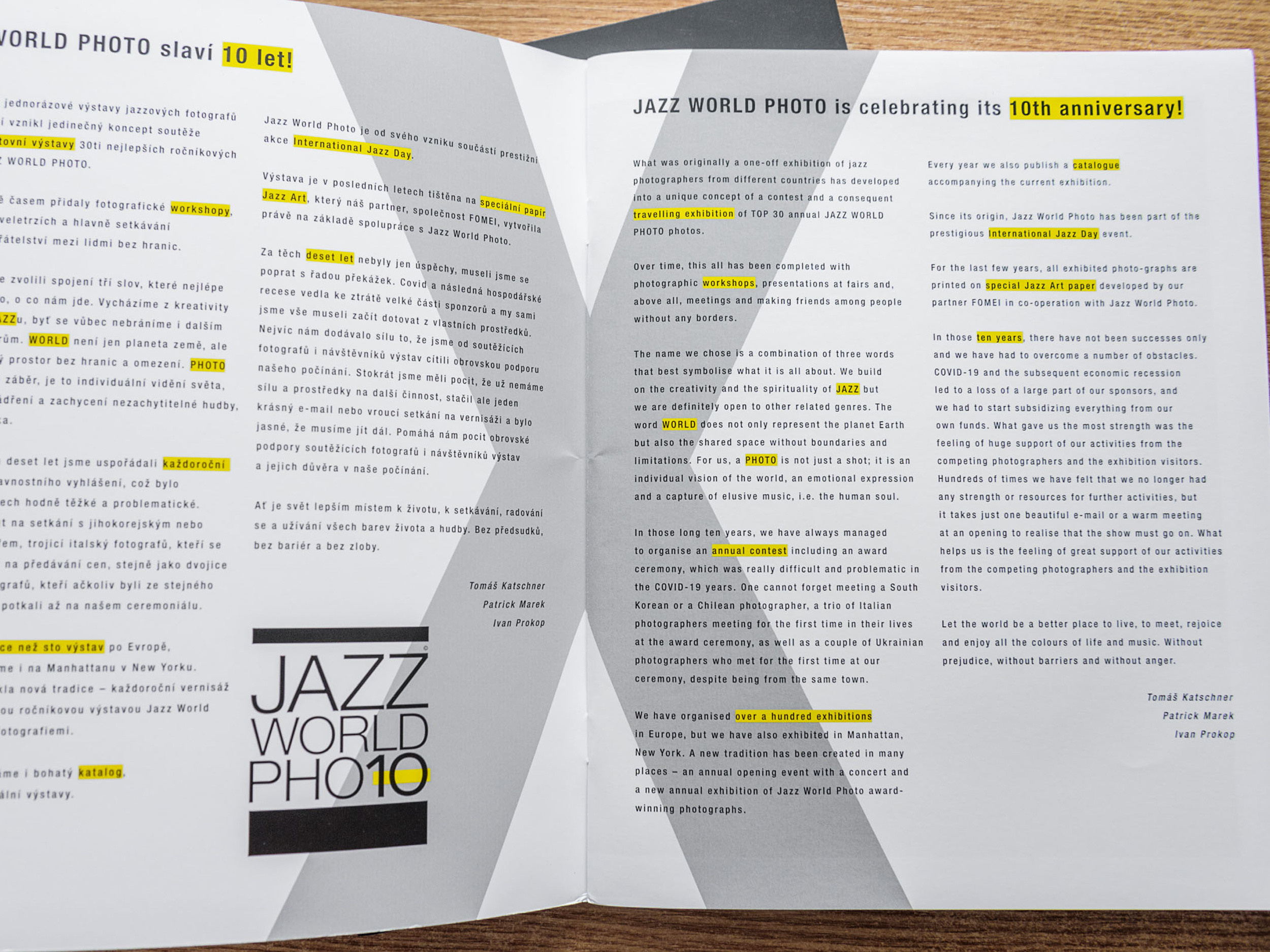 Wstępne słowo organizatorów konkursu Tomas Katschner, Patrick Marek, Ivan Prokop. Rozkład katalogu Jazz World Photo'2023.