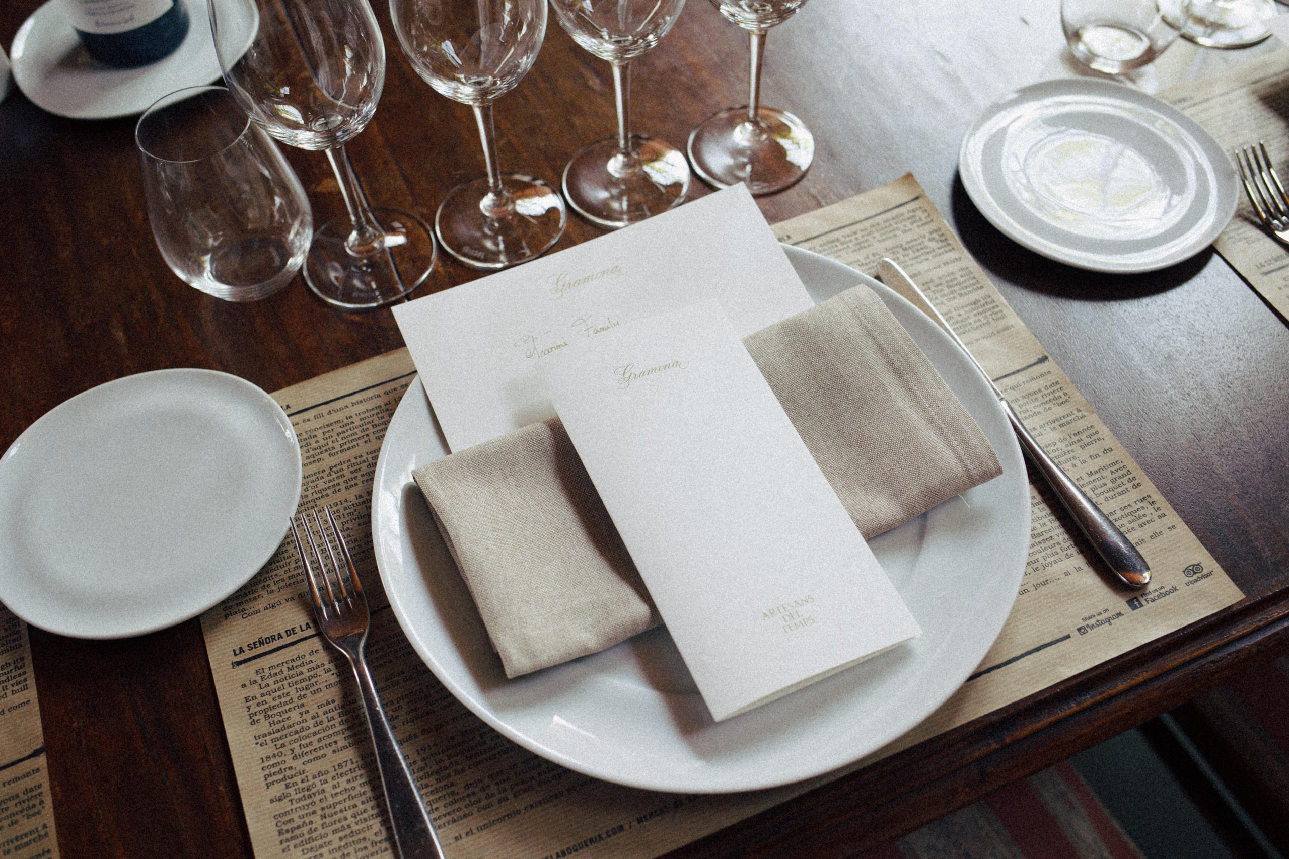 Close-up of a beautifully arranged dinner table at Gramona