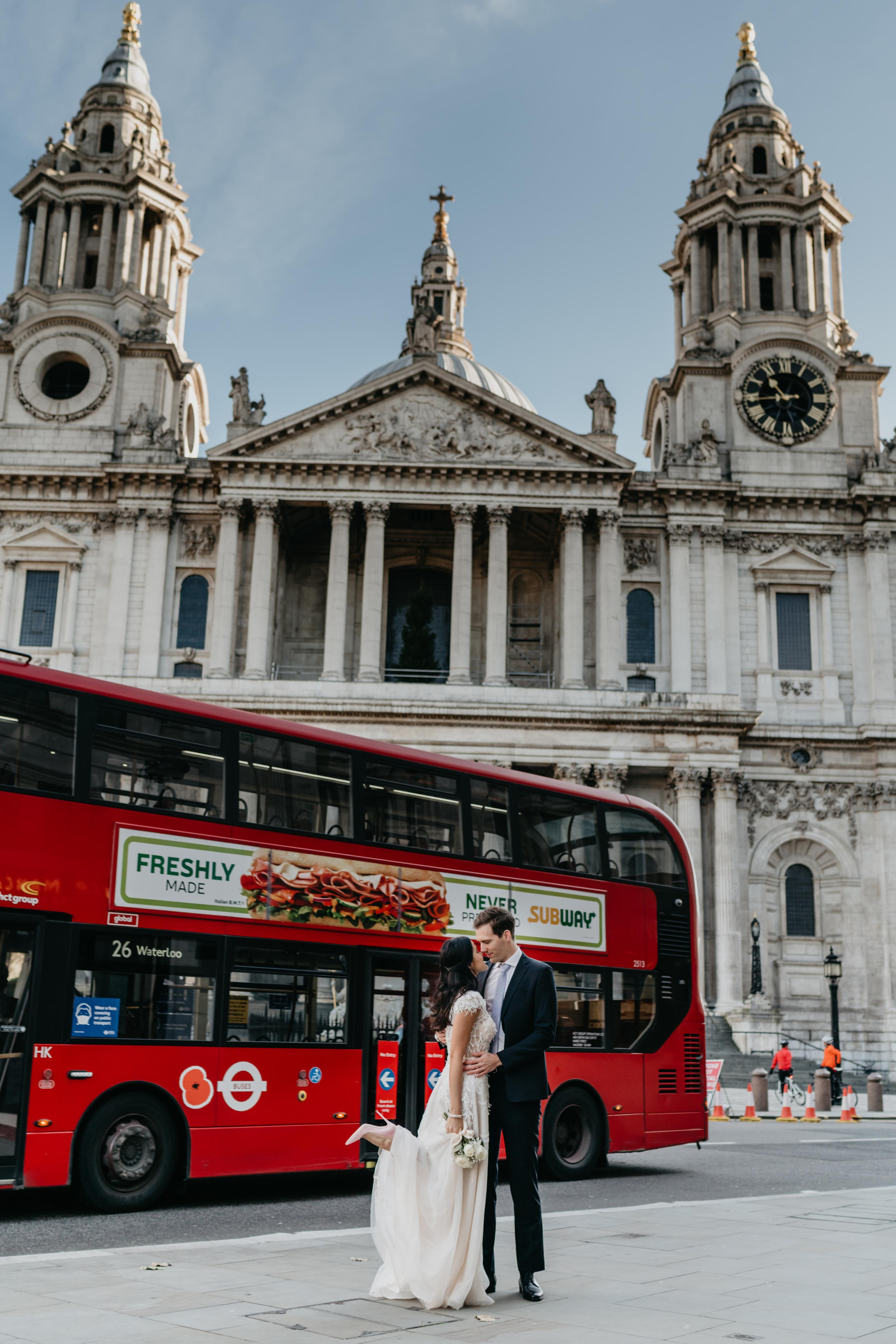 Wedding session by Tower Bridge and St Pauls Cathedral. London portrait and family photographer