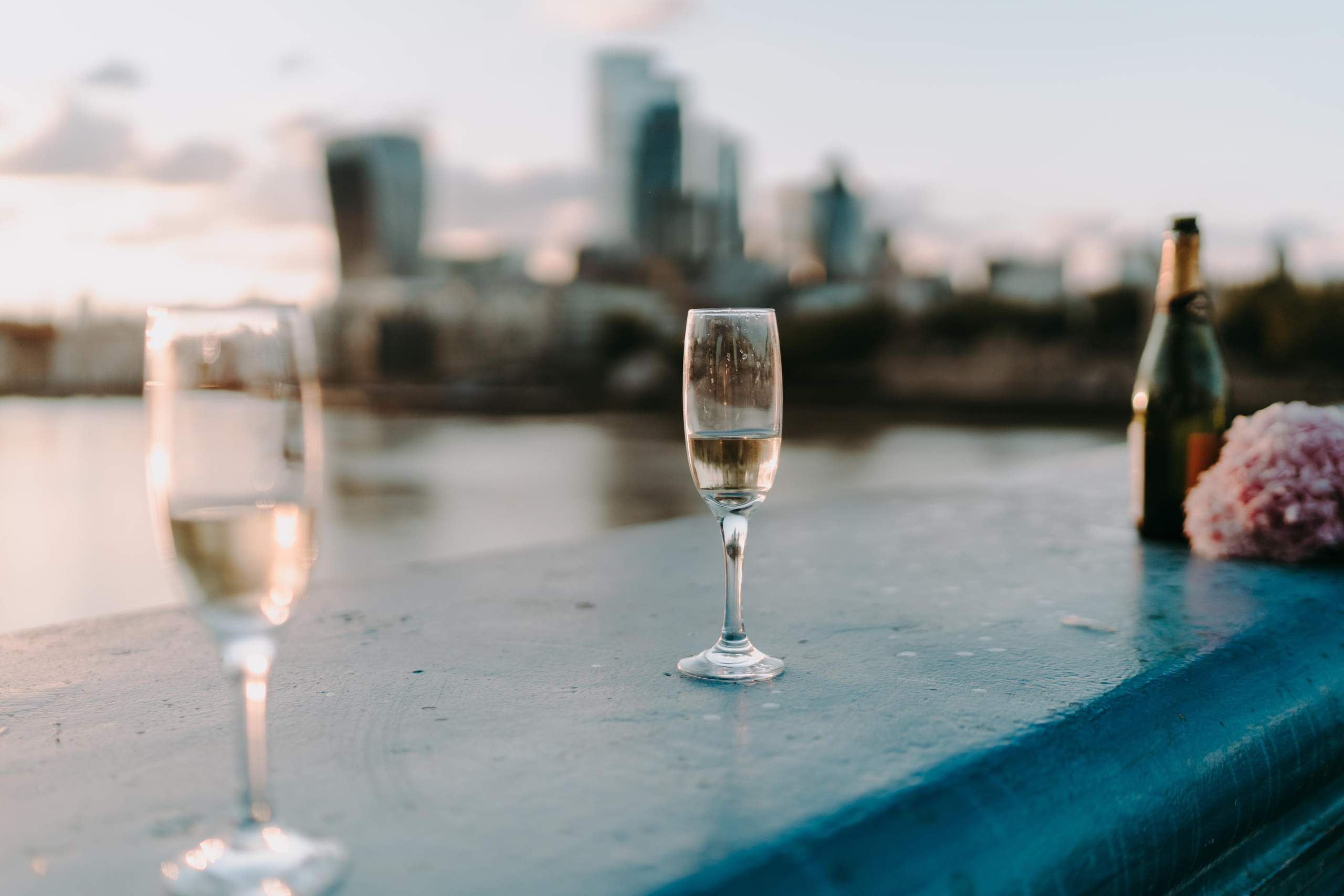 two glass of champagne with London city view