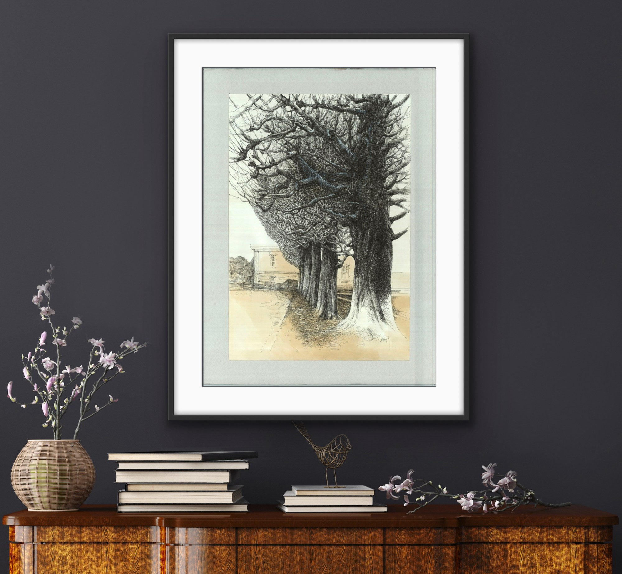 A collection of exquisite graphic drawings for sale, beautifully rendered in Chinese ink and pen on thick cotton watercolor paper. Each piece showcases detailed depictions of ancient trees, capturing their majestic and timeless beauty. Ideal for interior decoration, these artworks are perfect for adding a touch of elegance and serenity to any space.