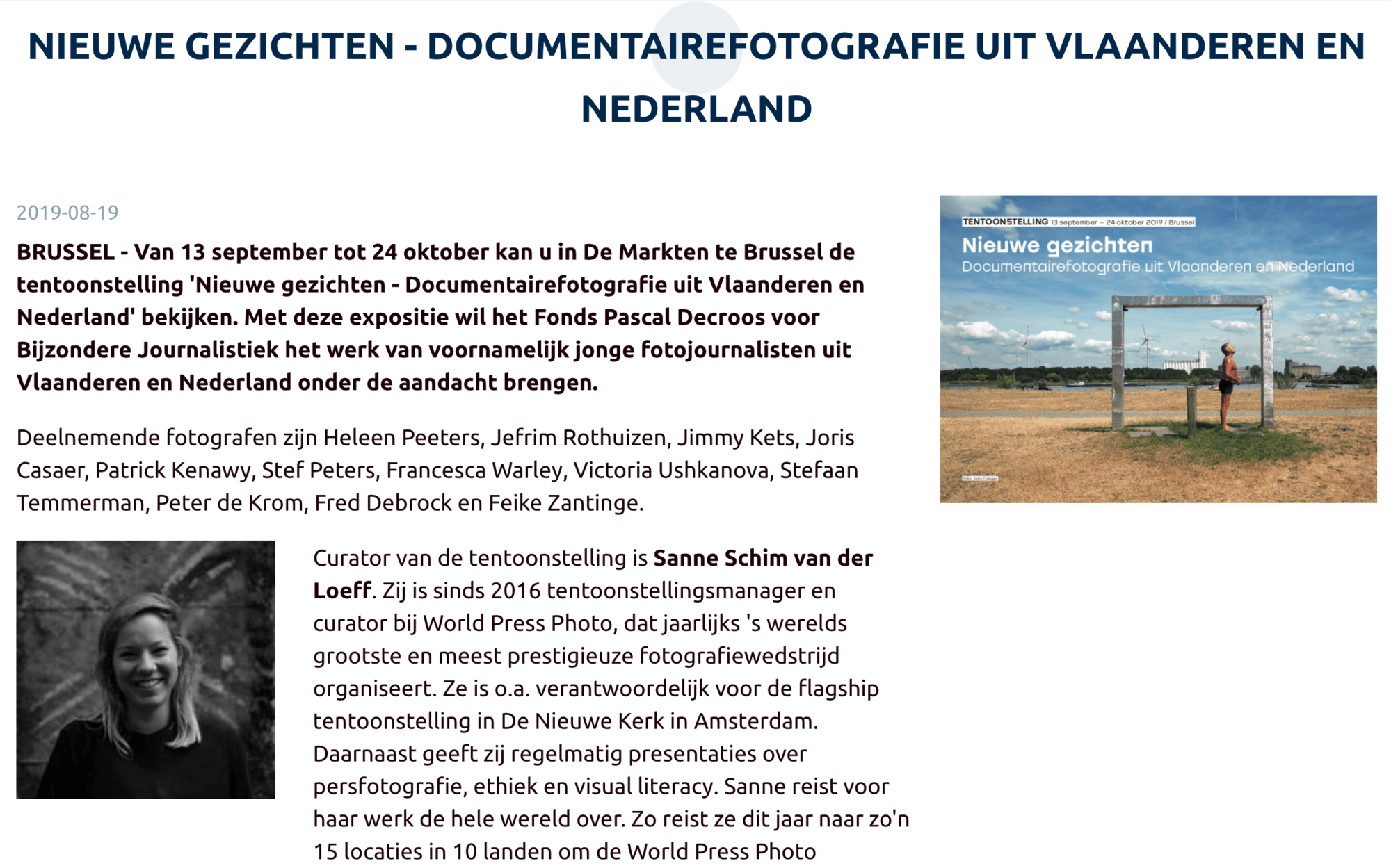 Announcement from my exhibition  'Nieuwe gezichten - Documentairefotografie uit Vlaanderen en Nederland' (Documentary photography from Flanders and the Netherlands)