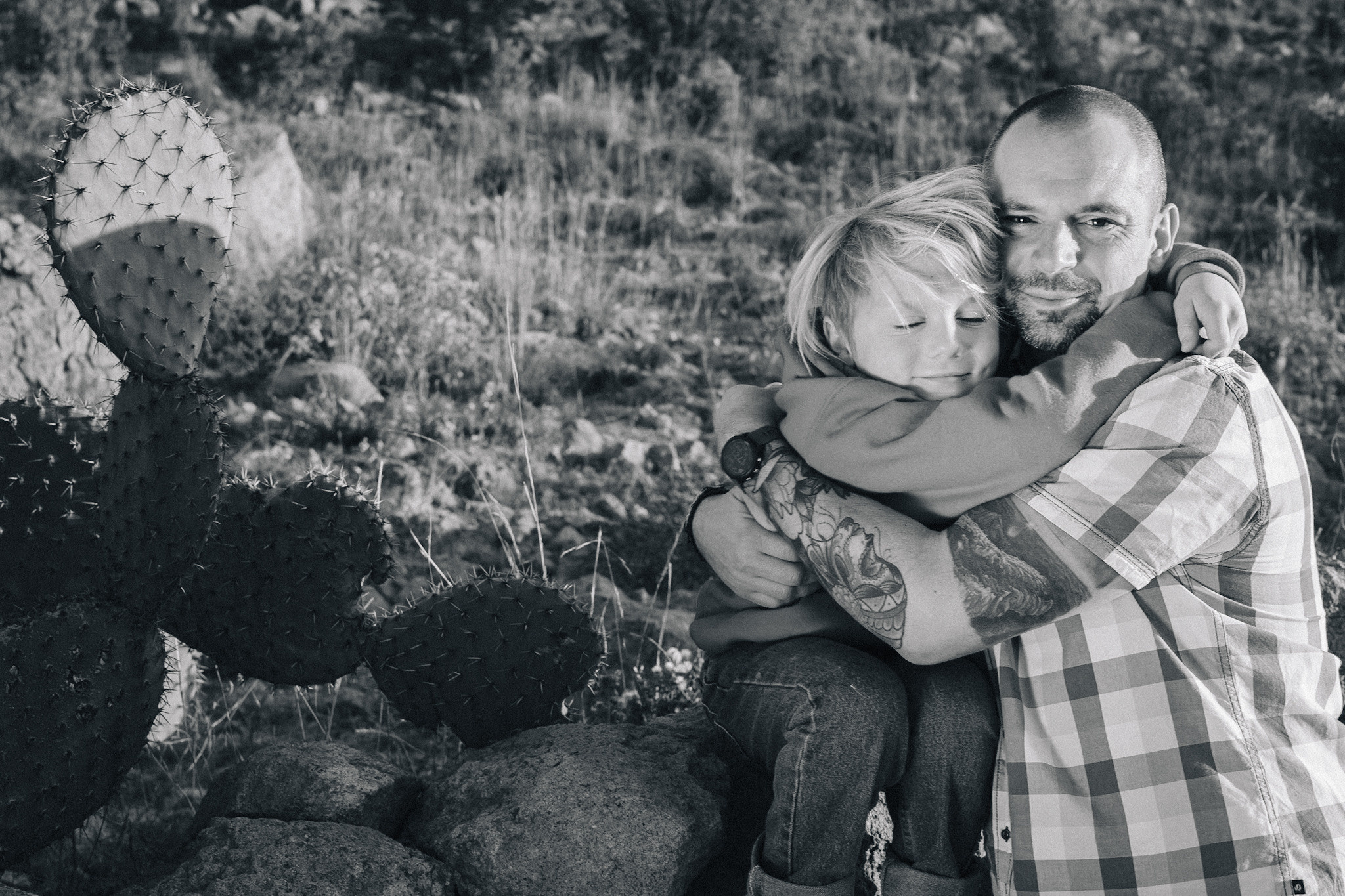 Father and son love black and white