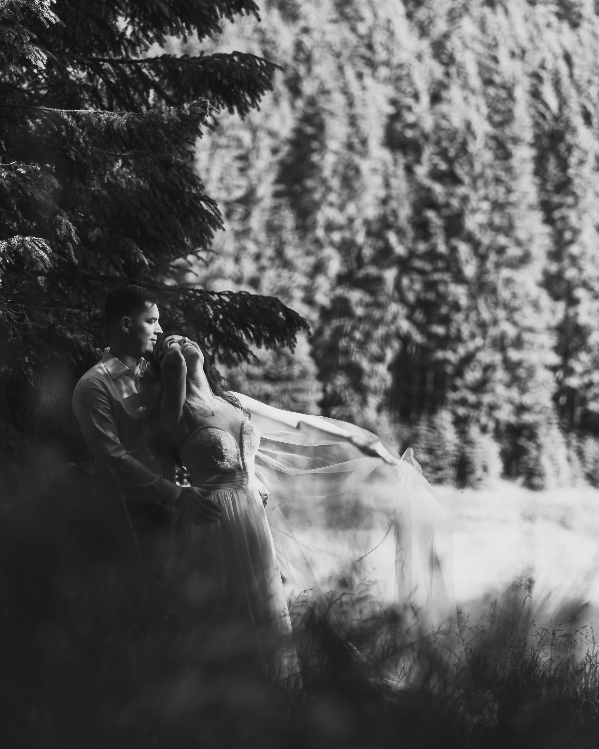 Moment emoționant între miri în ziua nunții, surprins într-un cadru natural și romantic, la Lacul Bolboci. Fotografie de nuntă profesională, editată artistic pentru a evidenția emoția și eleganța evenimentului.