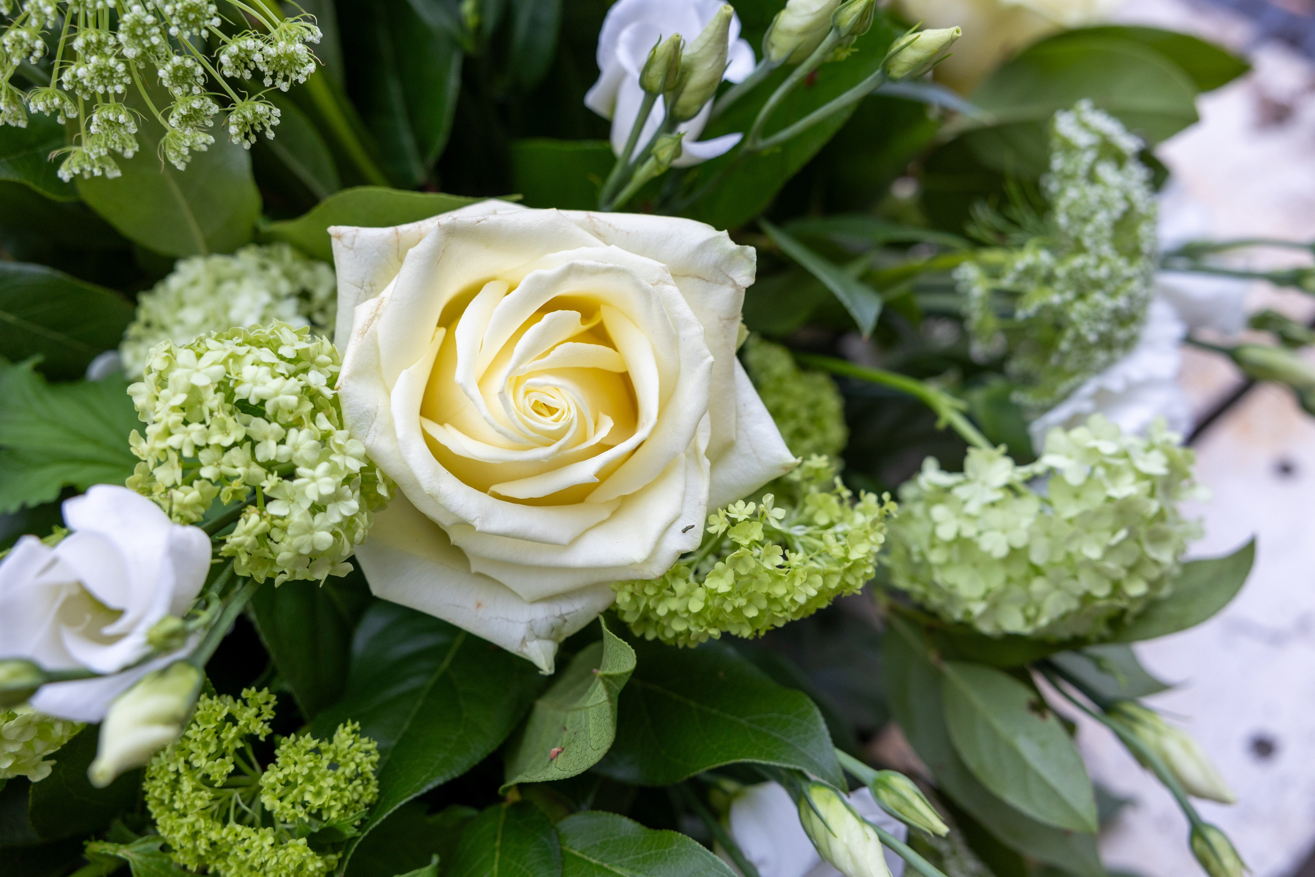 Smuk båredekoration opbygget i oasis med højde og længde på blomsterstilkene. En klassisk udført båredekoration i sæsonens lyse blomster. En elegant og smuk sidste hilsen. 