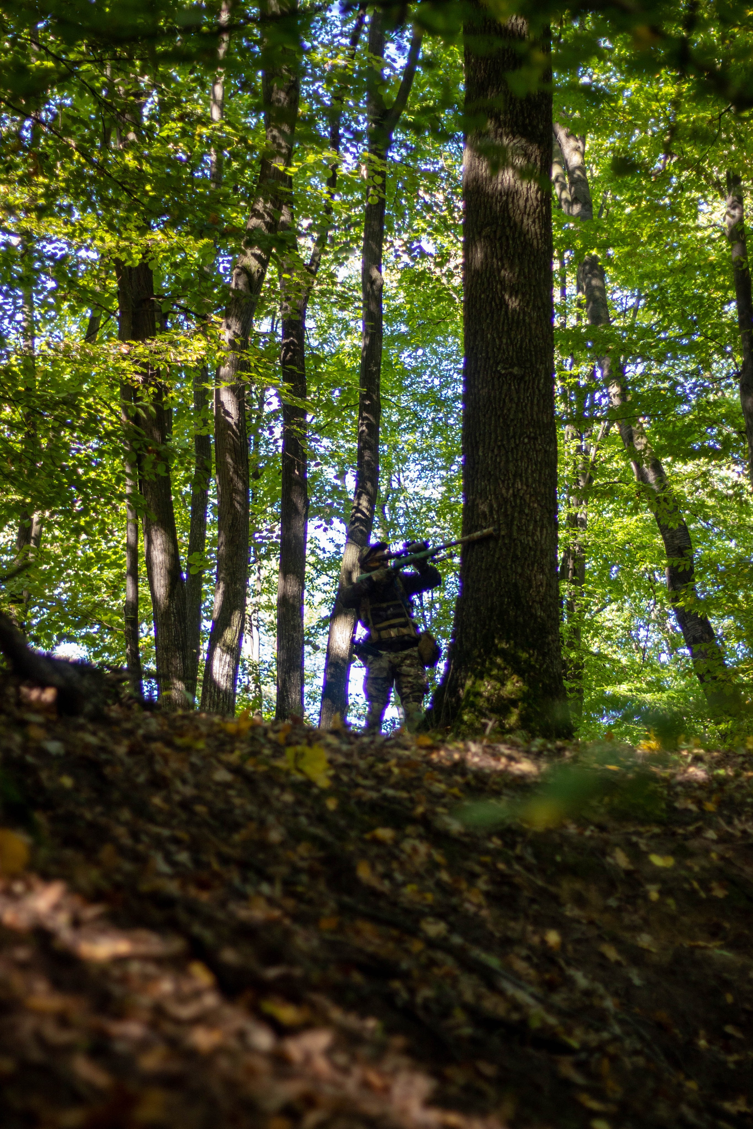 Airsoft player standing quietly in a forest with golden autumn leaves.