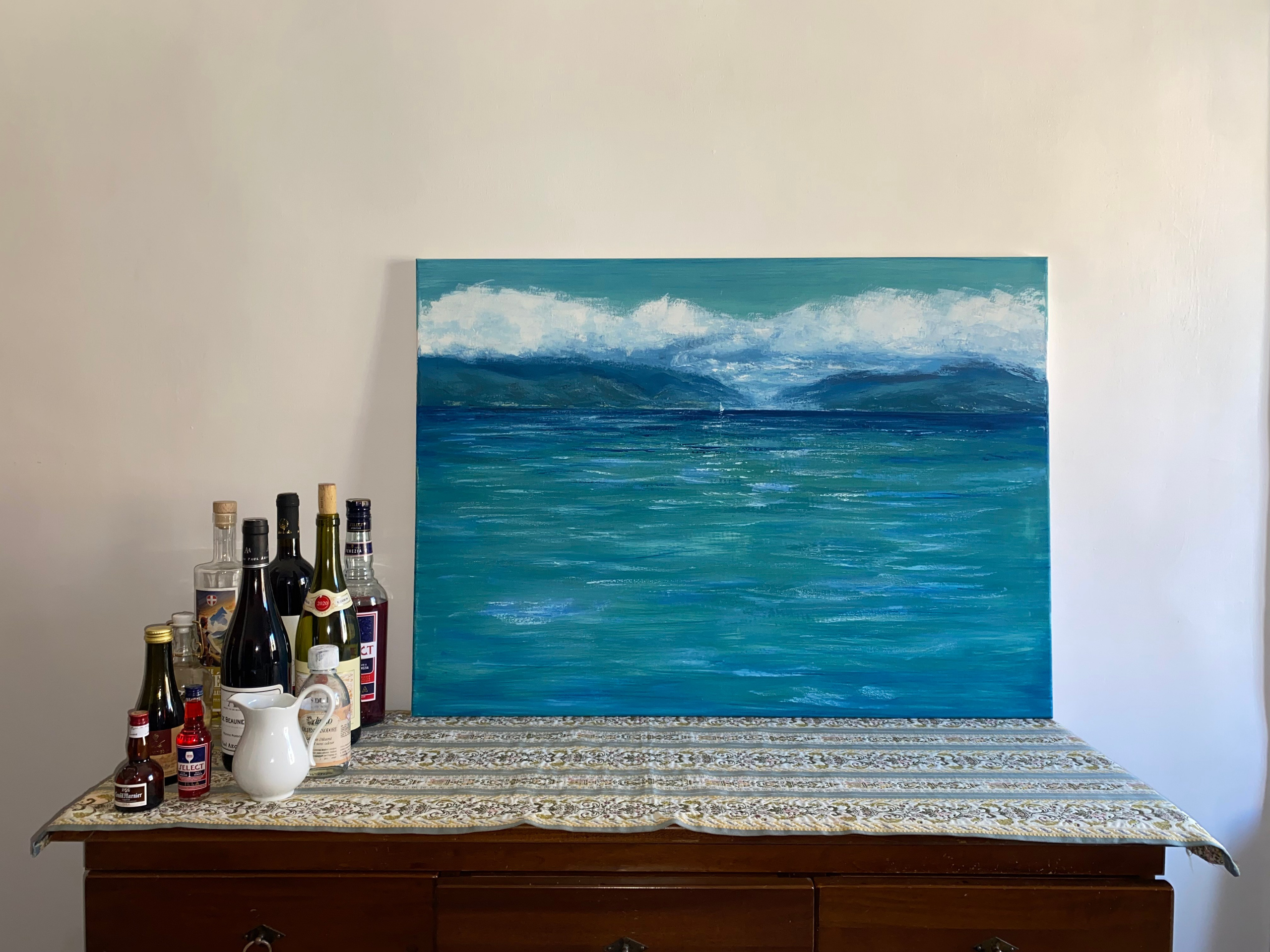 Abstract impressionist work by Ekaterina Solopova sky over a bright green turquoise blue lake or ocean 