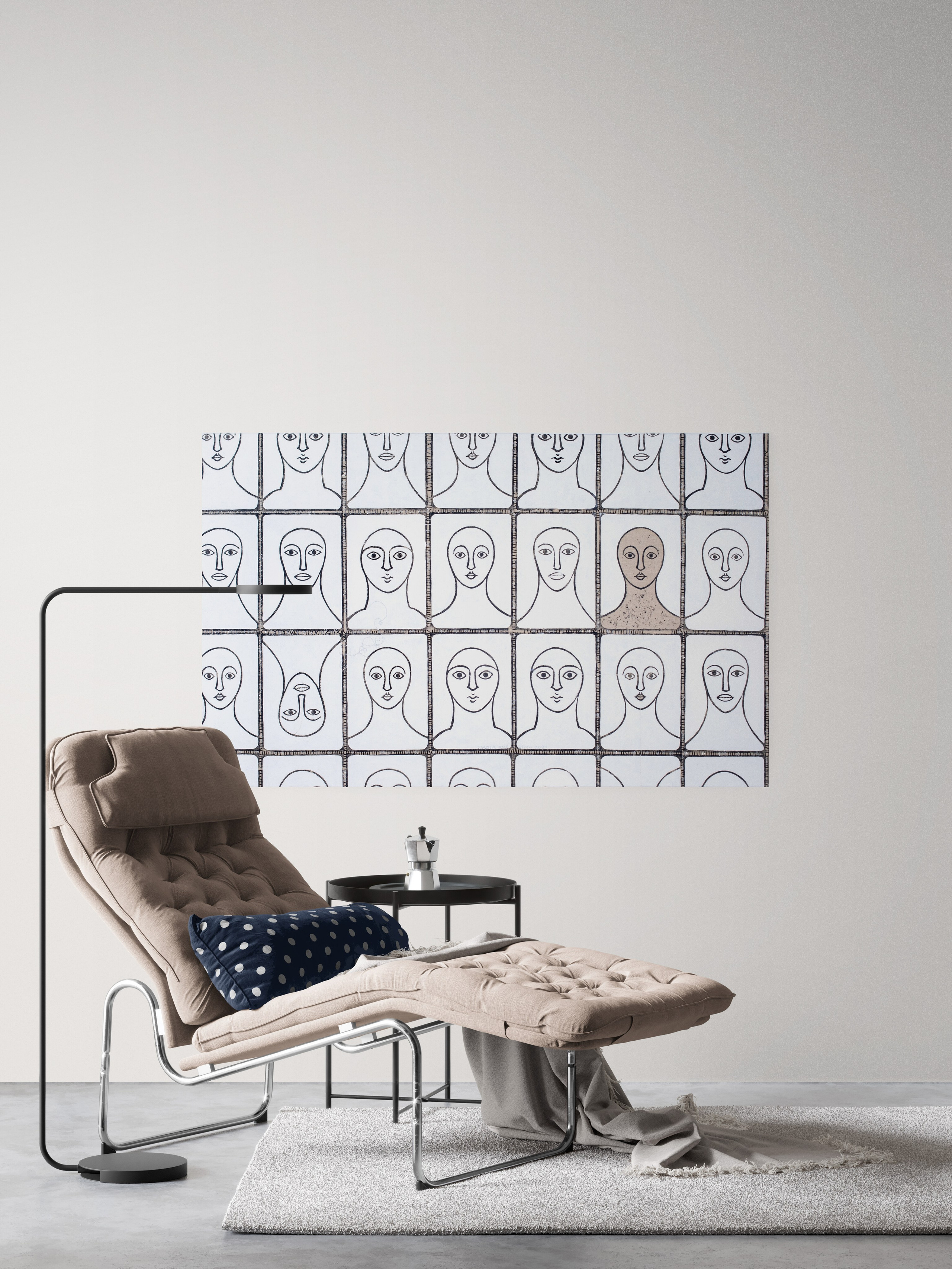 «Volti» Tecnica mista. Stampa su tela, ricamo su tela, olio su tela 90×144 cm. Nadia Kuprina. Artist