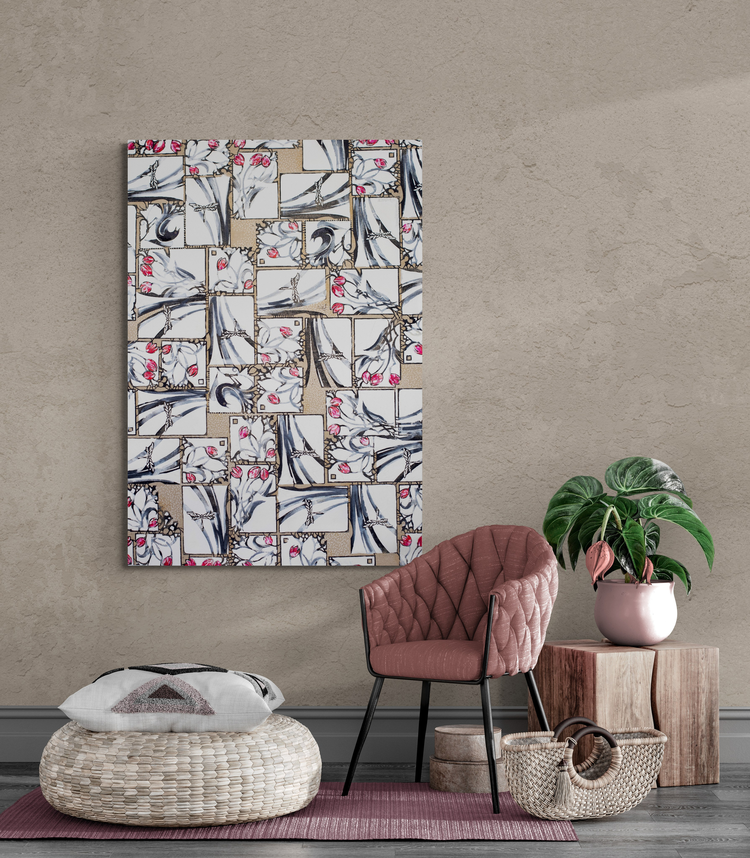 «Merli e Tulipani» Tecnica mista. Stampa su tela, ricamo su tela, olio su tela 90×130 cm. Nadia Kuprina. Artist