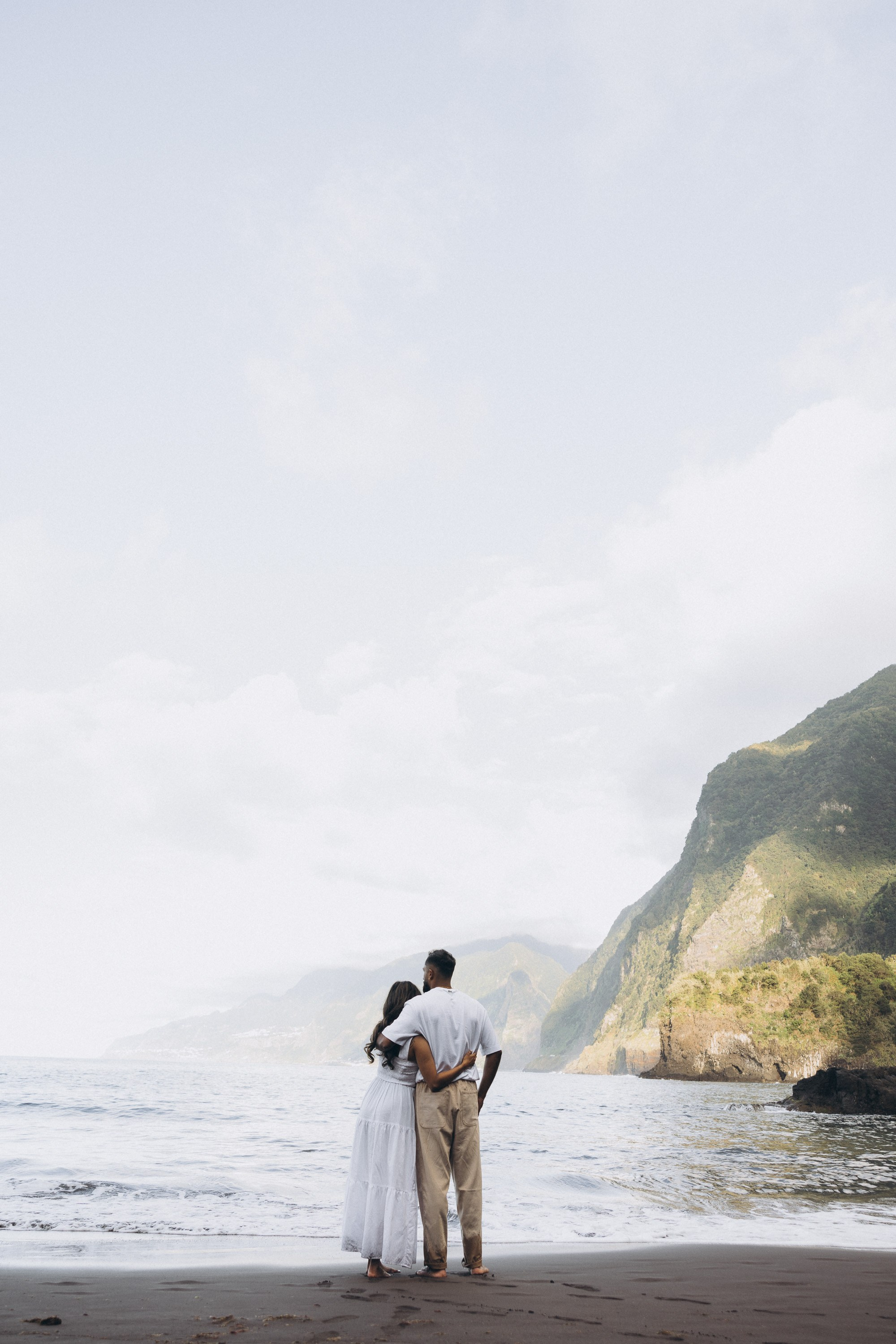 Proposal at Seixal Beach, Madeira – romantic engagement by the ocean, capturing intimate moments on the black sand shore